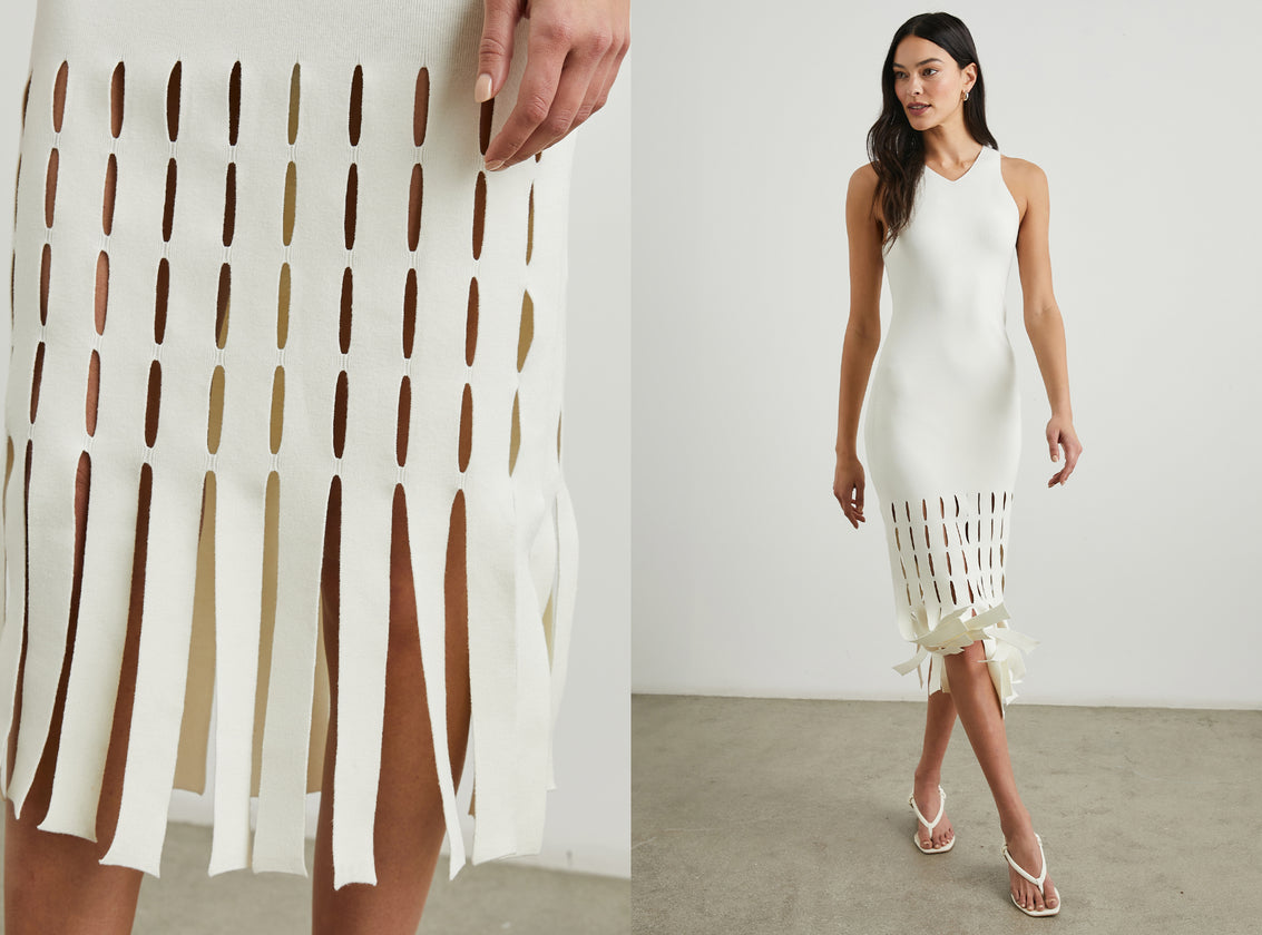 TWO SIDE BY SIDE IMAGES. FIRST IMAGE IS DETAIL IMAGE OF BOTTOM OF KAIA DRESS IN WHITE. SECOND IMAGE IS FRONT FULL BODY IMAGE OF MODEL WEARING KAIA DRESS IN WHITE.