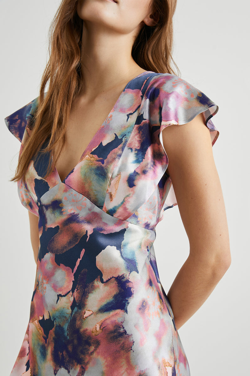 rails dina satin midi dress Rails Dina Floral Flutter Sleeve Midi Dress