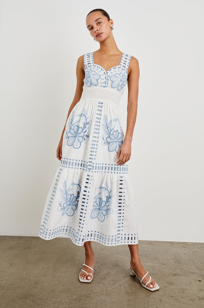 Rails | Fawn Dress - White Blue Embroidery | Premium Cotton | Size L | Women's Dresses Rails | Fawn Dress - White Blue Embroidery | Premium Cotton | Size L | Women's Dresses