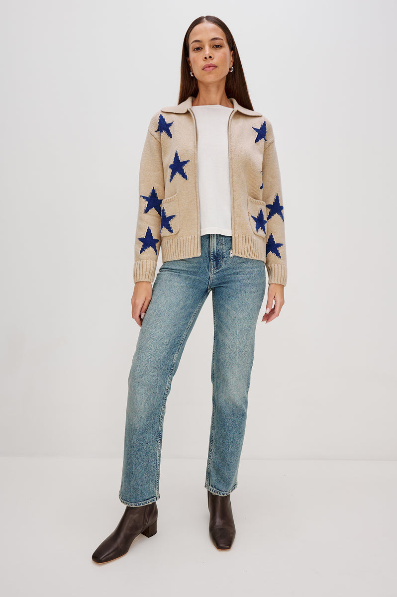 Mimi 　Railsレイルズカーディガン、星柄ニット RHEA SWEATER - CAMEL COBALT STARS – Rails