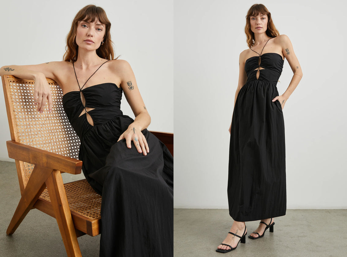 TWO SIDE BY SIDE EDITORIAL IMAGES. FIRST IMAGE SHOWS MODEL SITTING IN CHAIR WEARING SYLVIA DRESS. SECOND IMAGE IS FRONT FULL BODY IMAGE OF MODEL WEARING SYLVIA DRESS.