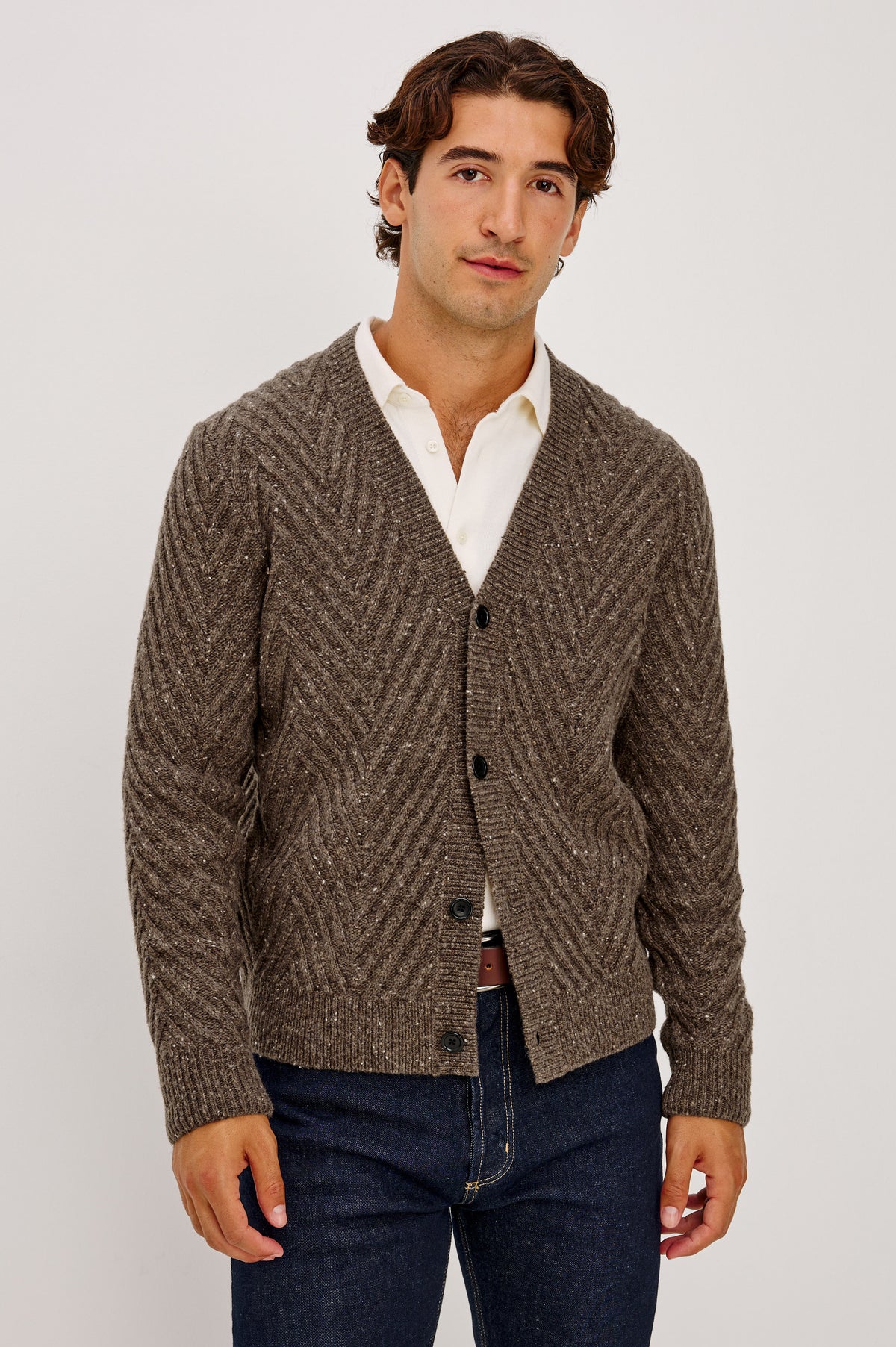 Adair Cardigan in Alpaca Wool Nylon Blend With Chevron Texture, V-Neck, Front Buttons, and Long Sleeves in Pine Log Colorway - Upper Body Front View Featured on Model