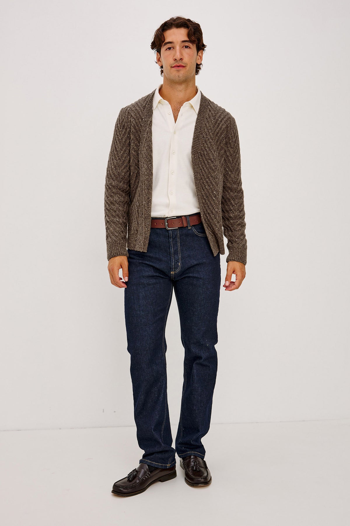 Adair Cardigan in Alpaca Wool Nylon Blend With Chevron Texture, V-Neck, Front Buttons, and Long Sleeves in Pine Log Colorway - Full Body Front View Featured on Model