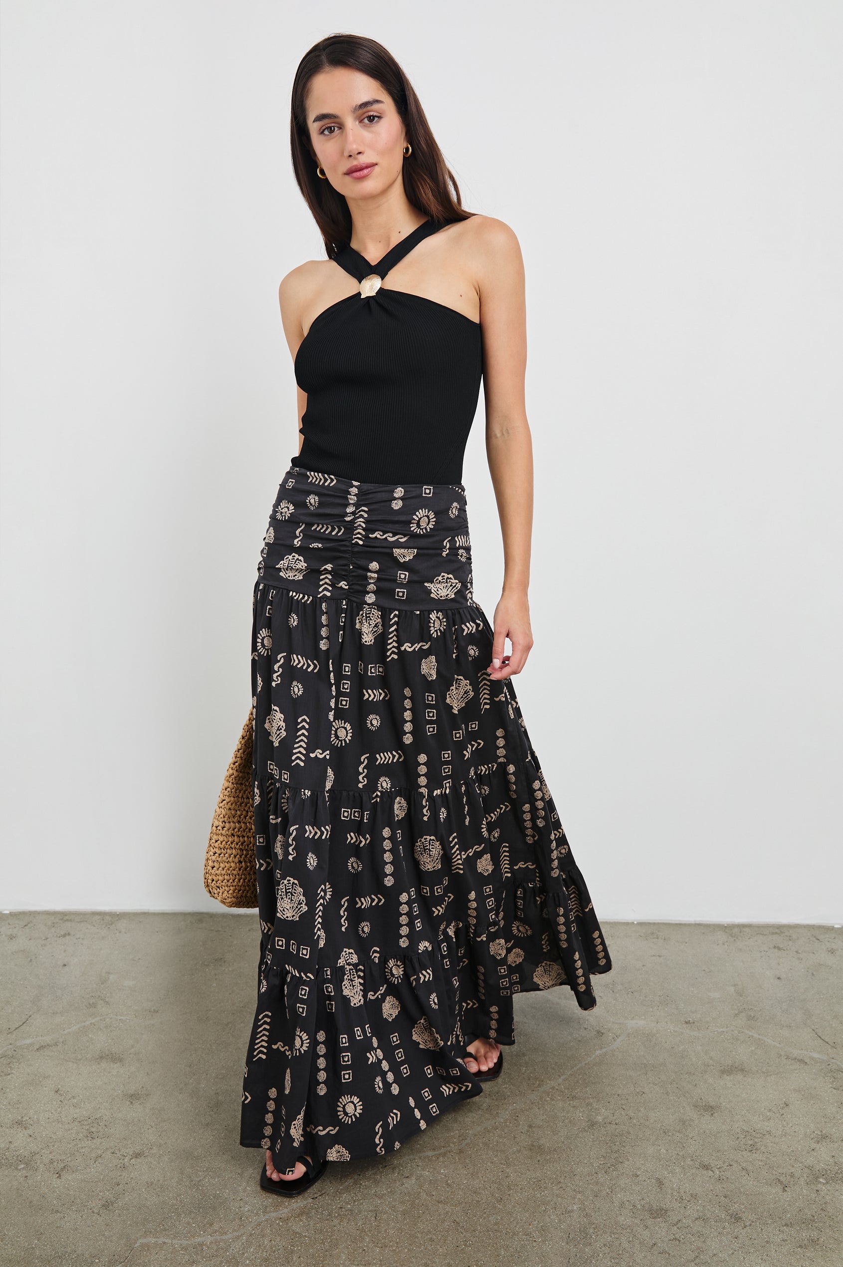 Agatha Maxi Tiered Skirt with Gathered Center Front Seam, A-Line in Beach Shells Colorway. Full Body Front View Shown on Model.