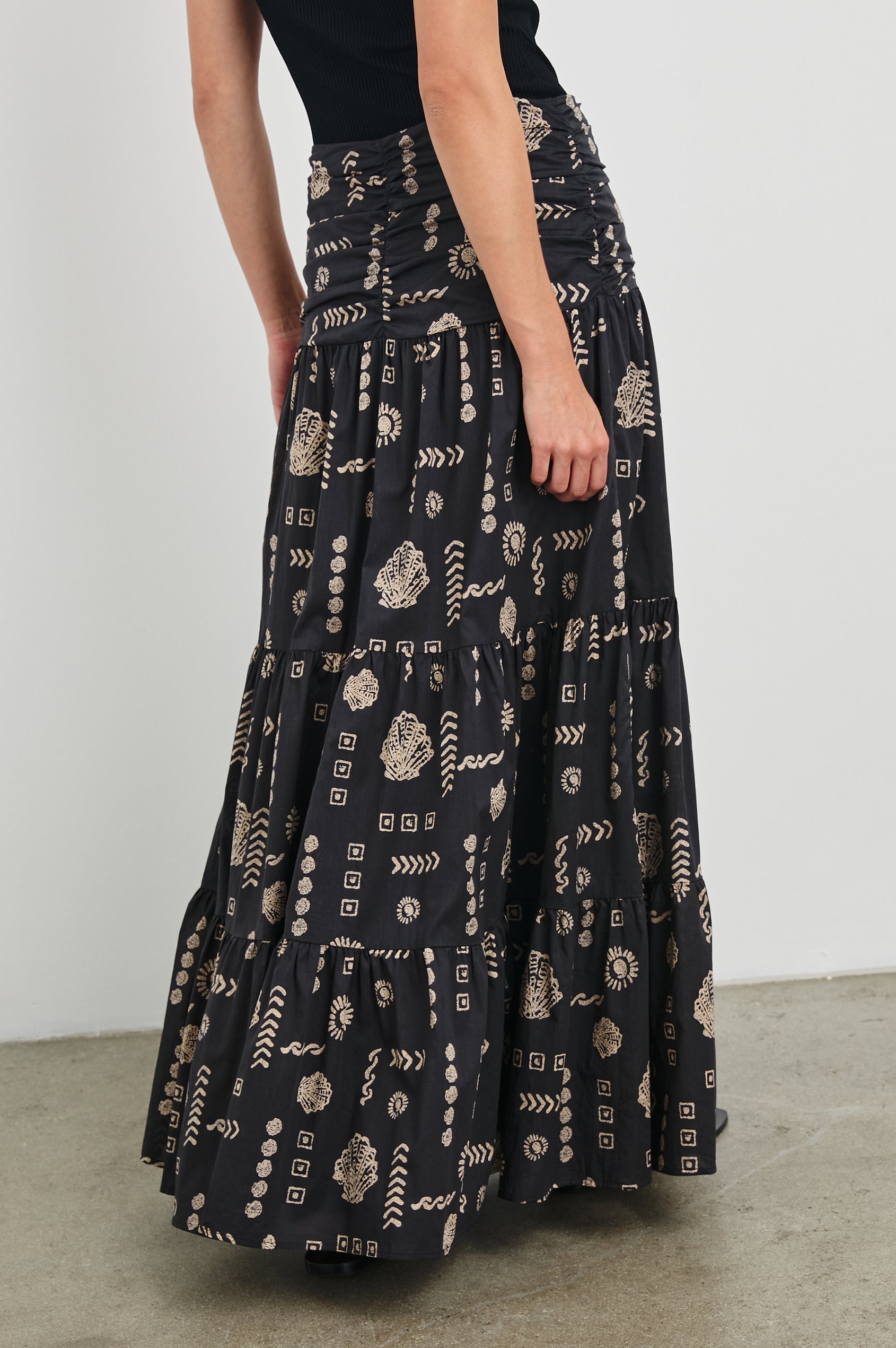 Agatha Maxi Tiered Skirt with Gathered Center Front Seam, A-Line in Beach Shells Colorway. Back View Shown on Model.