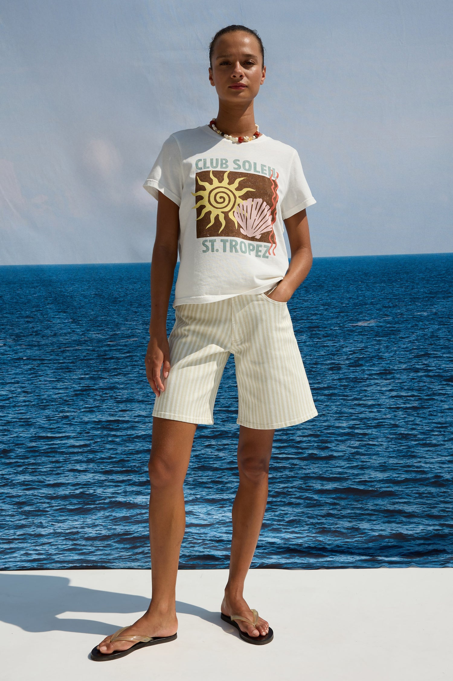 Agoura Short in Rigid Denim With Low Slung Wide Leg Relaxed Fit and Front Zip Fly in Malibu Stripe Colorway - Lower Body Front View Featured on Model