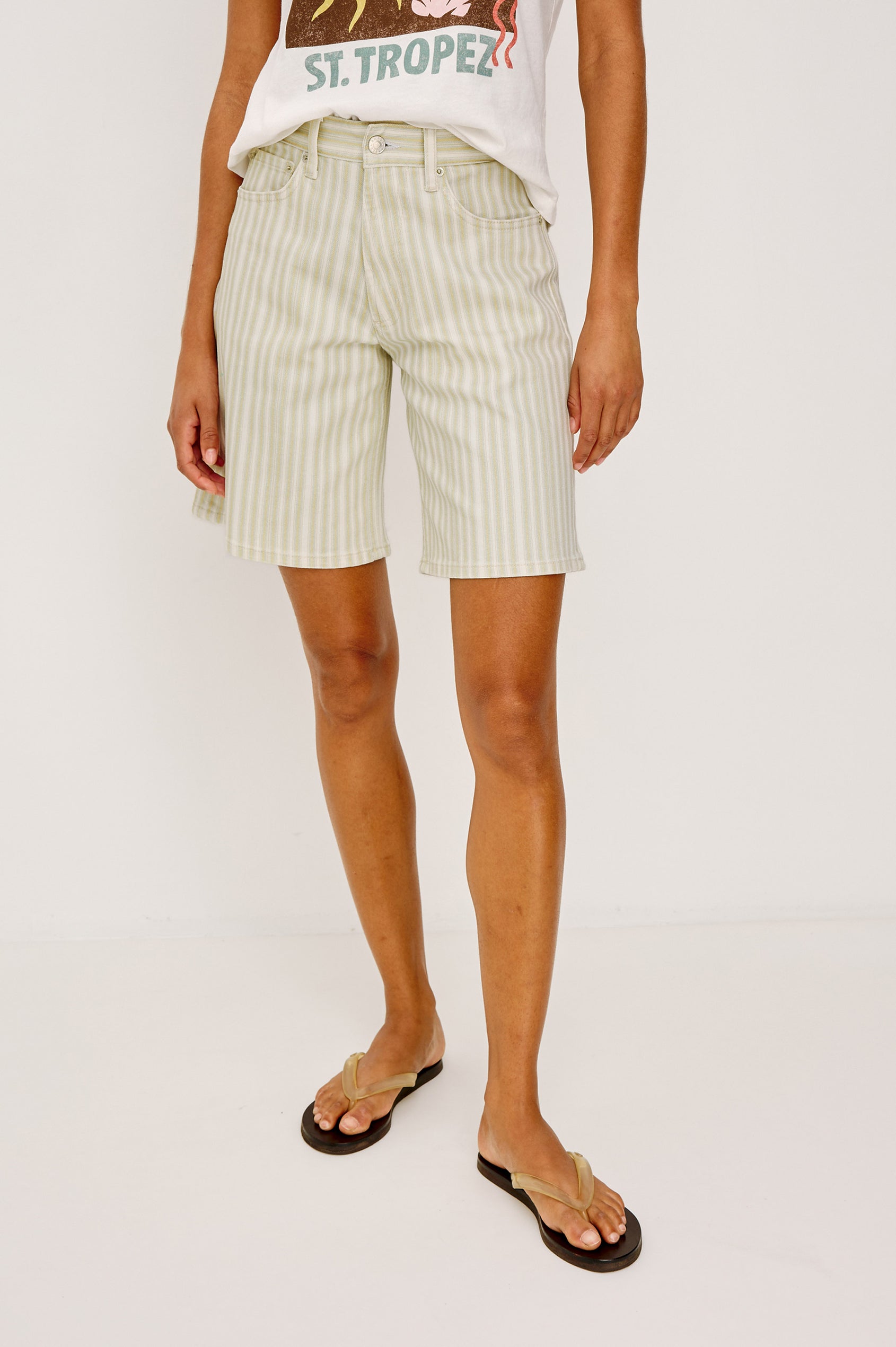 Agoura Short in Rigid Denim With Low Slung Wide Leg Relaxed Fit and Front Zip Fly in Malibu Stripe Colorway - Lower Body Front View Featured on Model