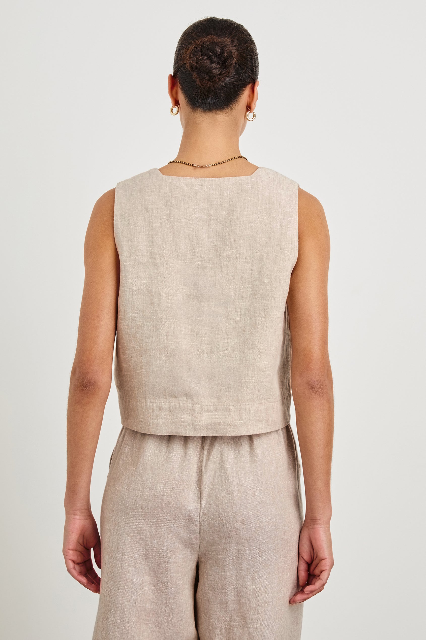 Akira relaxed fit linen crop top with wide straps in Heathered Flax -  back view on model