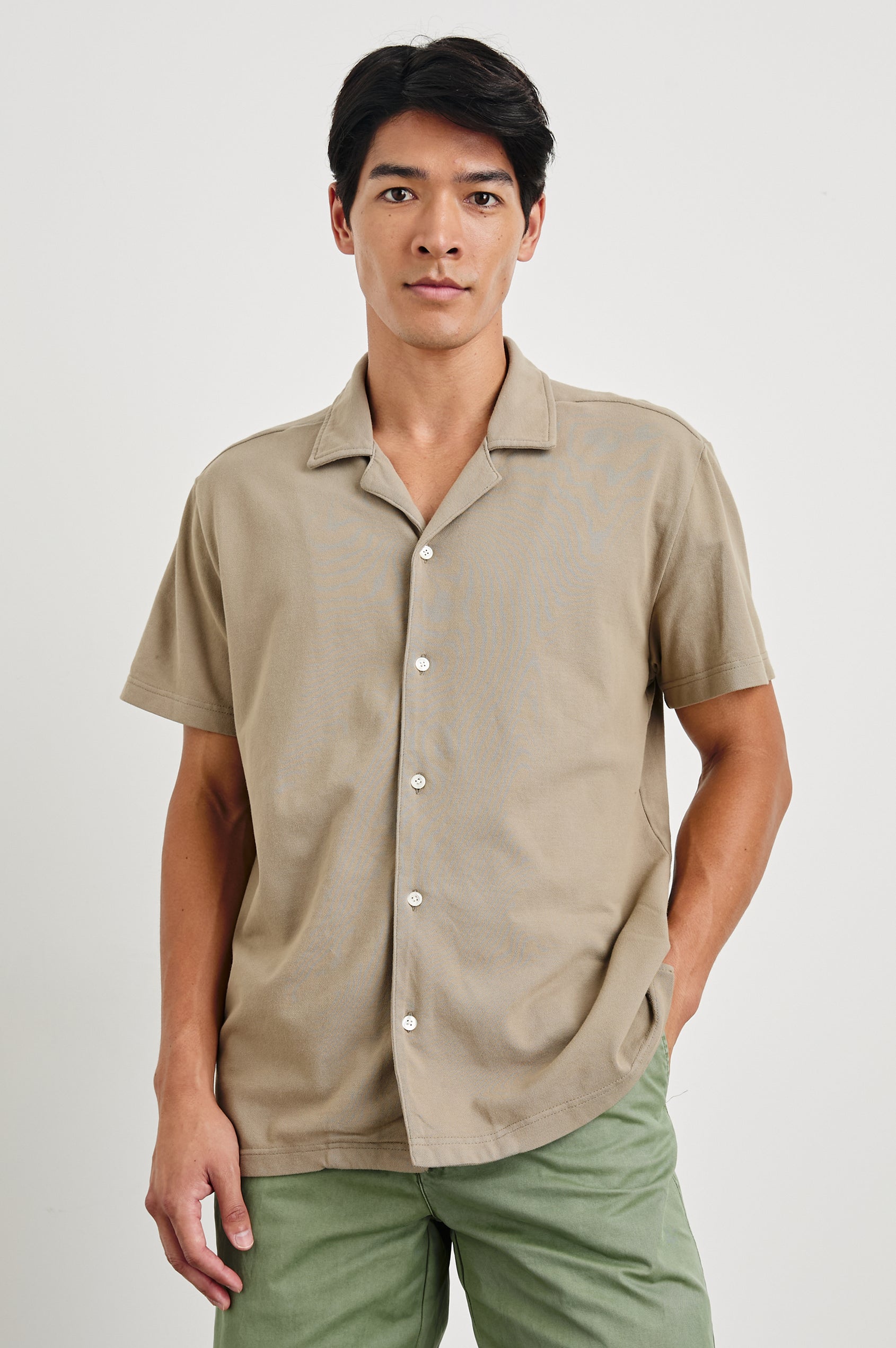 Alain Short Sleeve Button Up in Barley Colorway, Front View Featured on Model