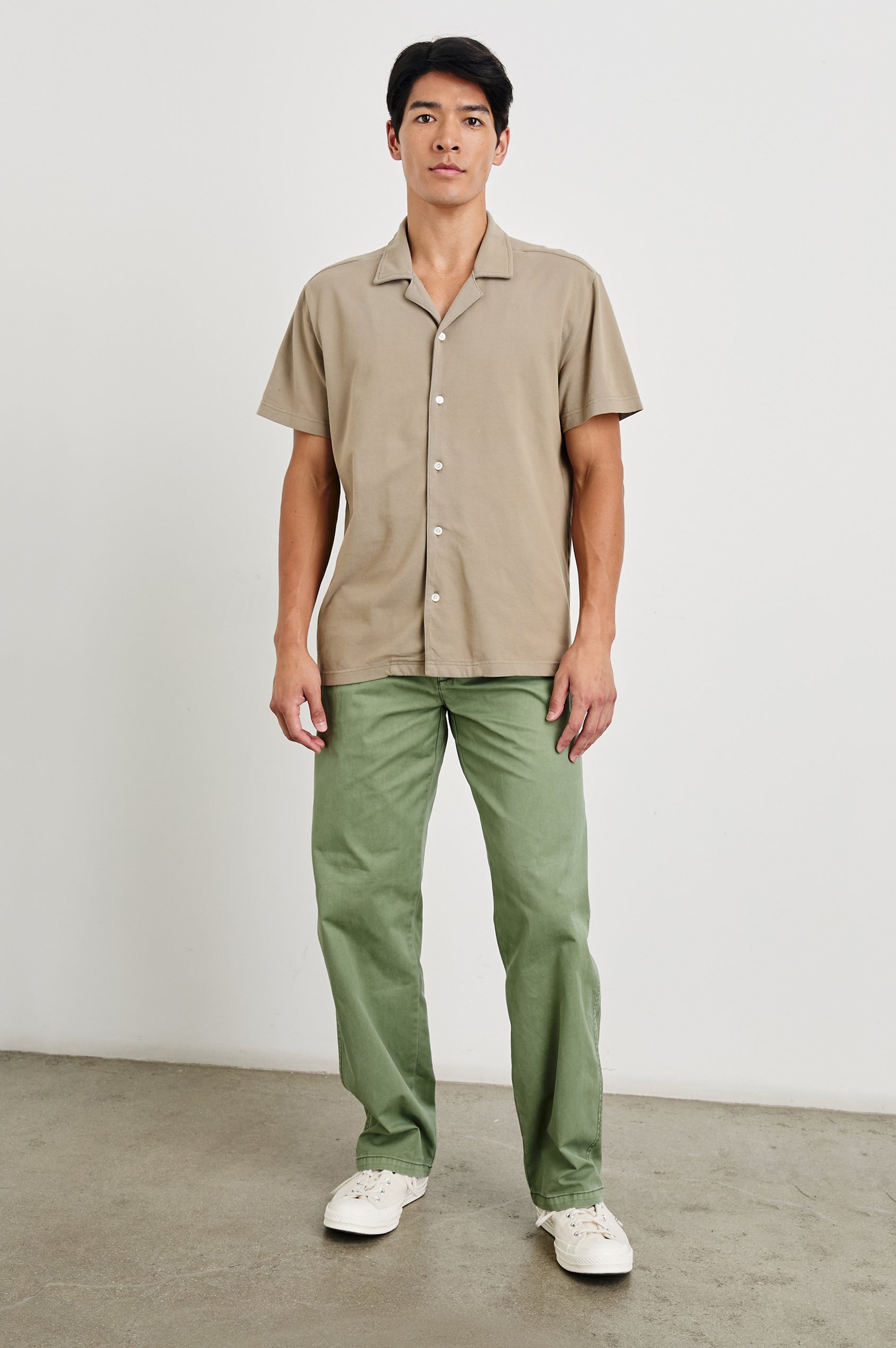 Alain Short Sleeve Button Up in Barley Colorway, Front Full Body View Featured on Model