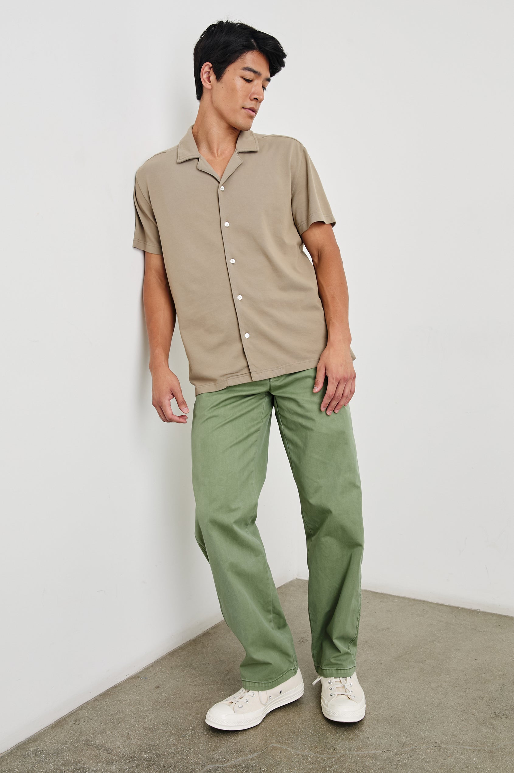 Alain Short Sleeve Button Up in Barley Colorway, Front Full Body View Featured on Model