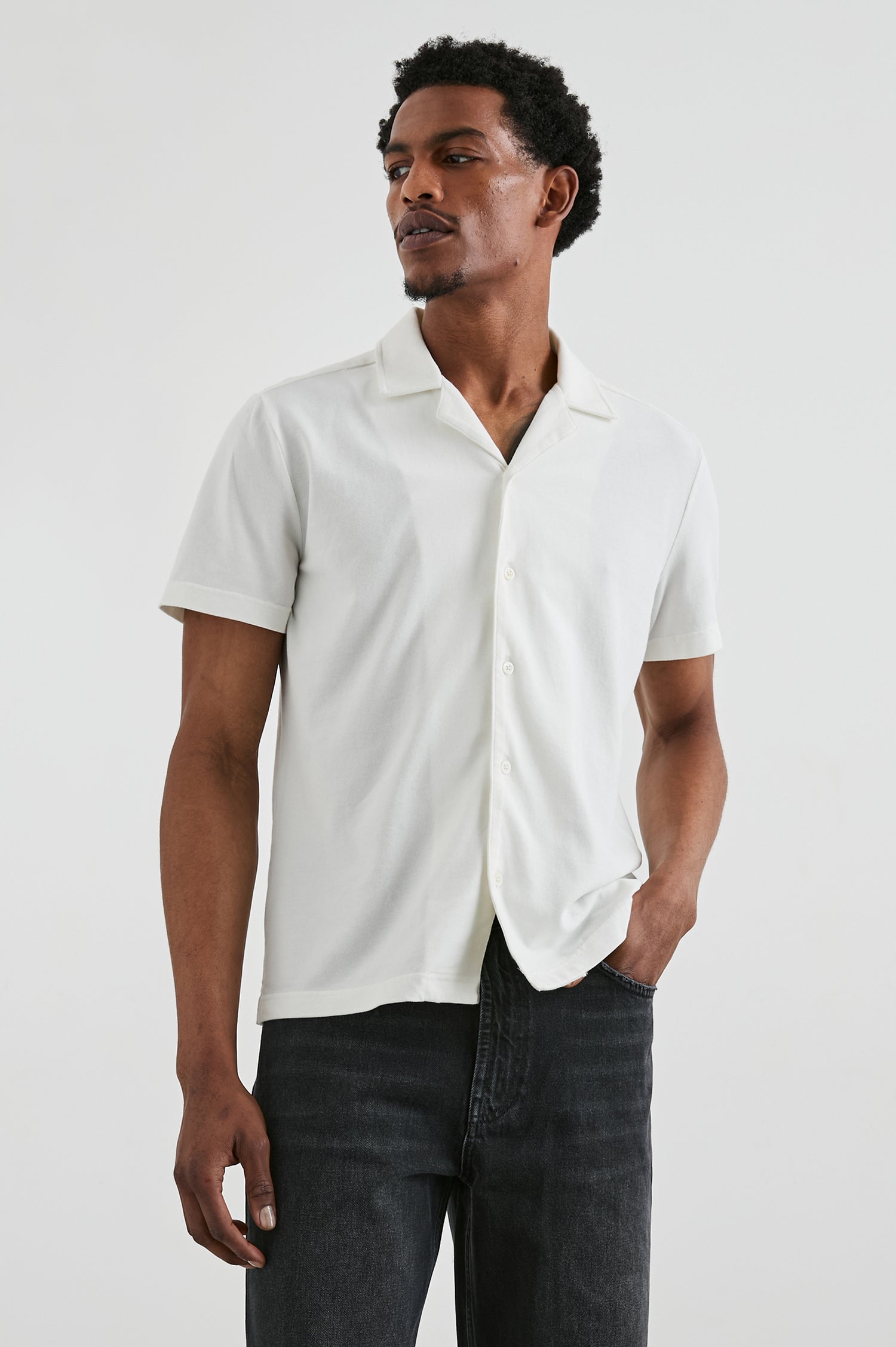 Alain Short Sleeve Button Up in Dove Colorway, Front View Featured on Model