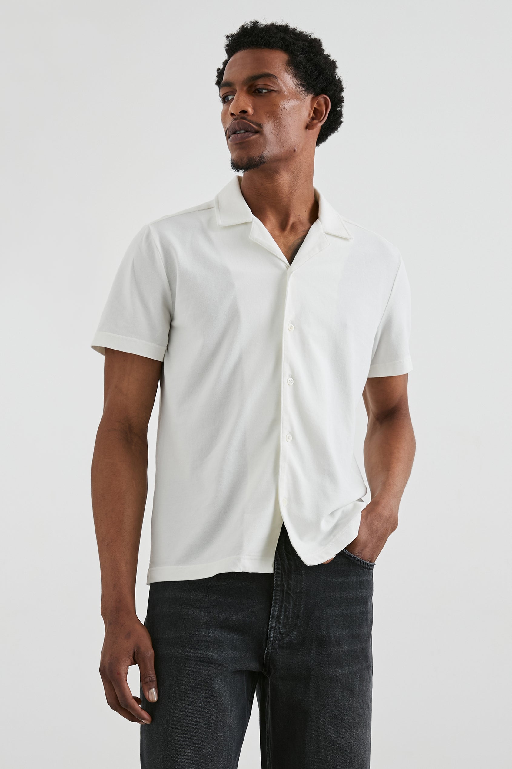 Alain Short Sleeve Button Up in Dove Colorway, Front View Featured on Model