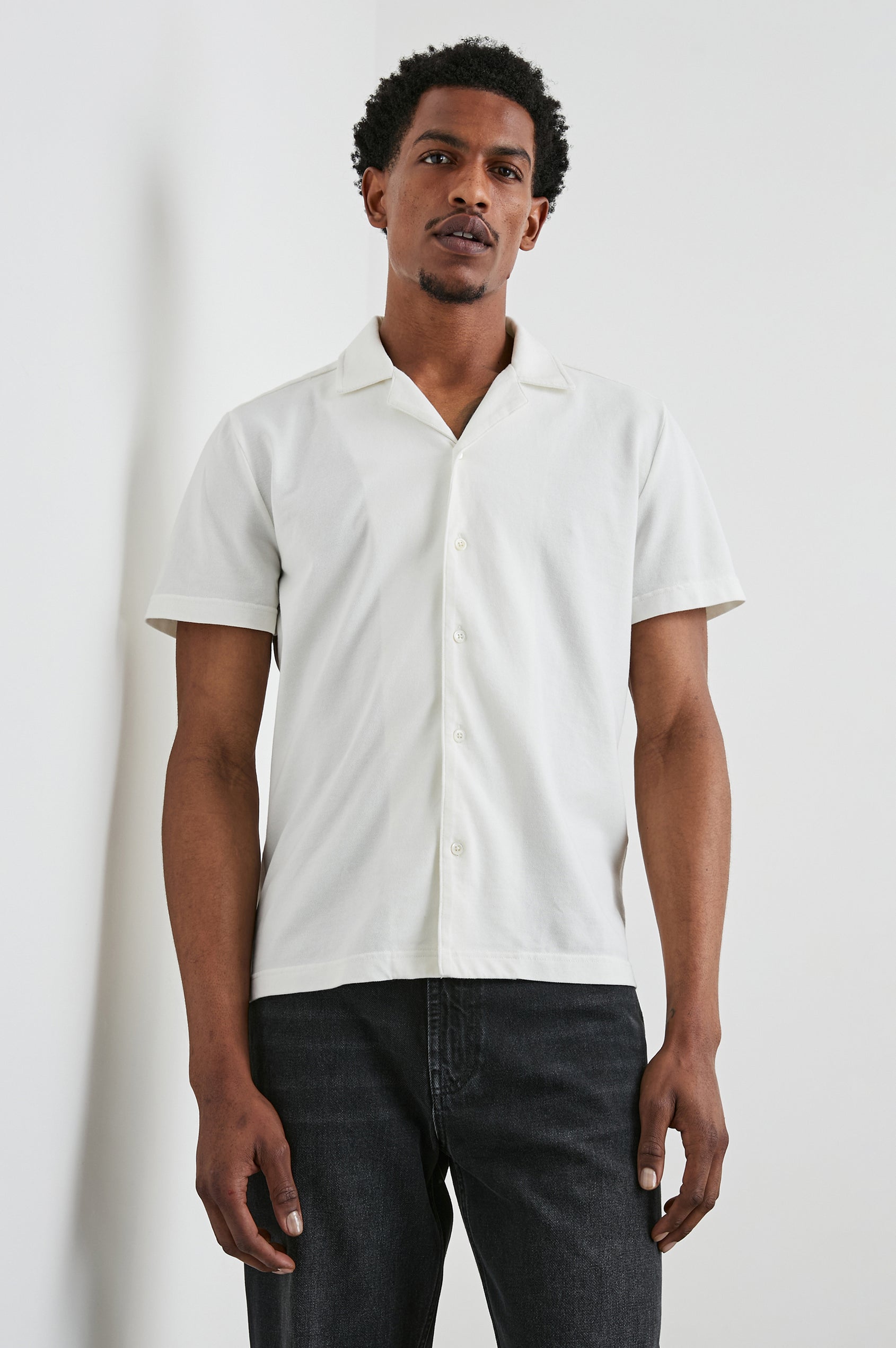 Alain Short Sleeve Button Up in Dove Colorway, Front View Featured on Model