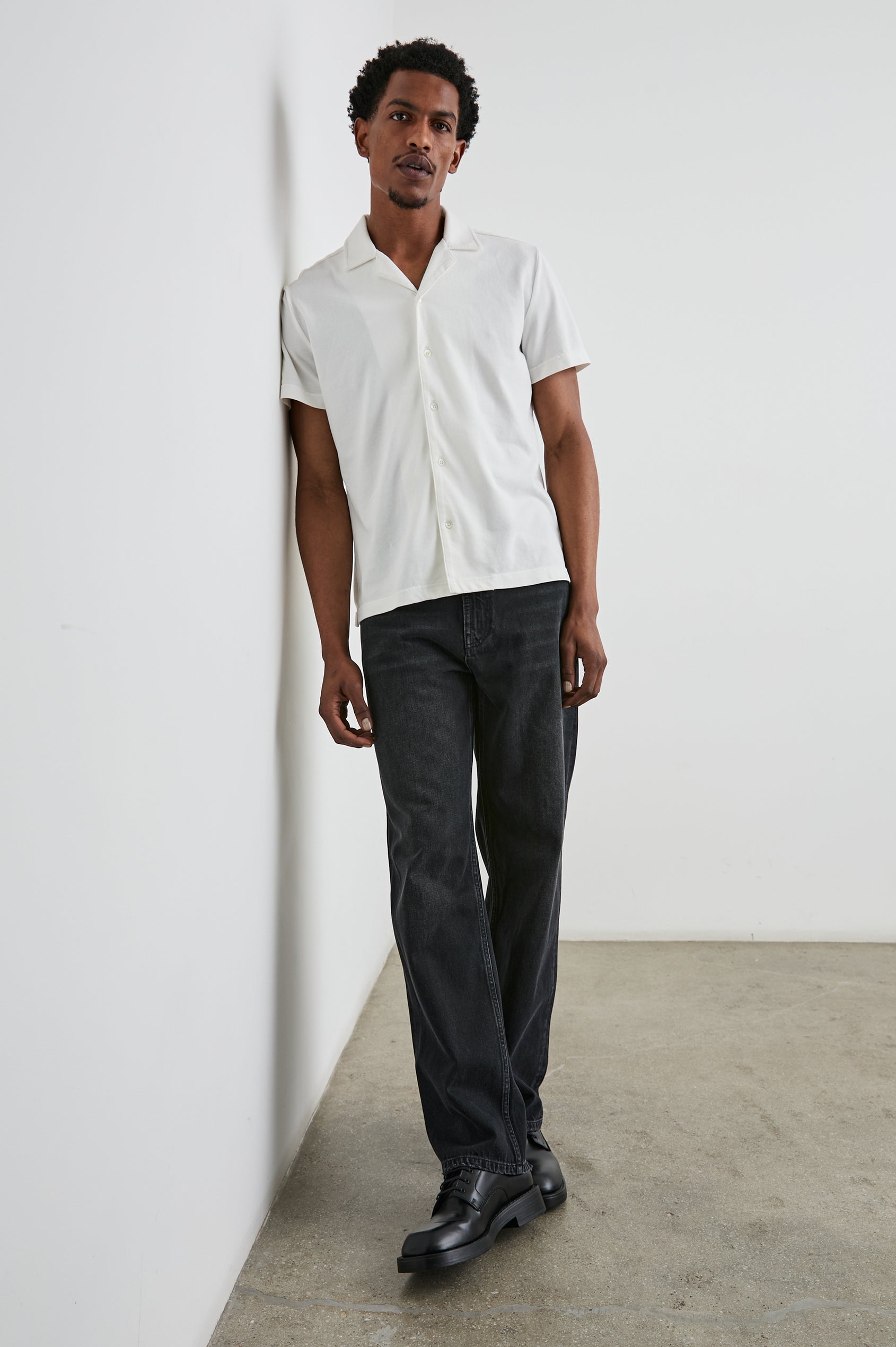 Alain Short Sleeve Button Up in Dove Colorway, Front Full Body View Featured on Model