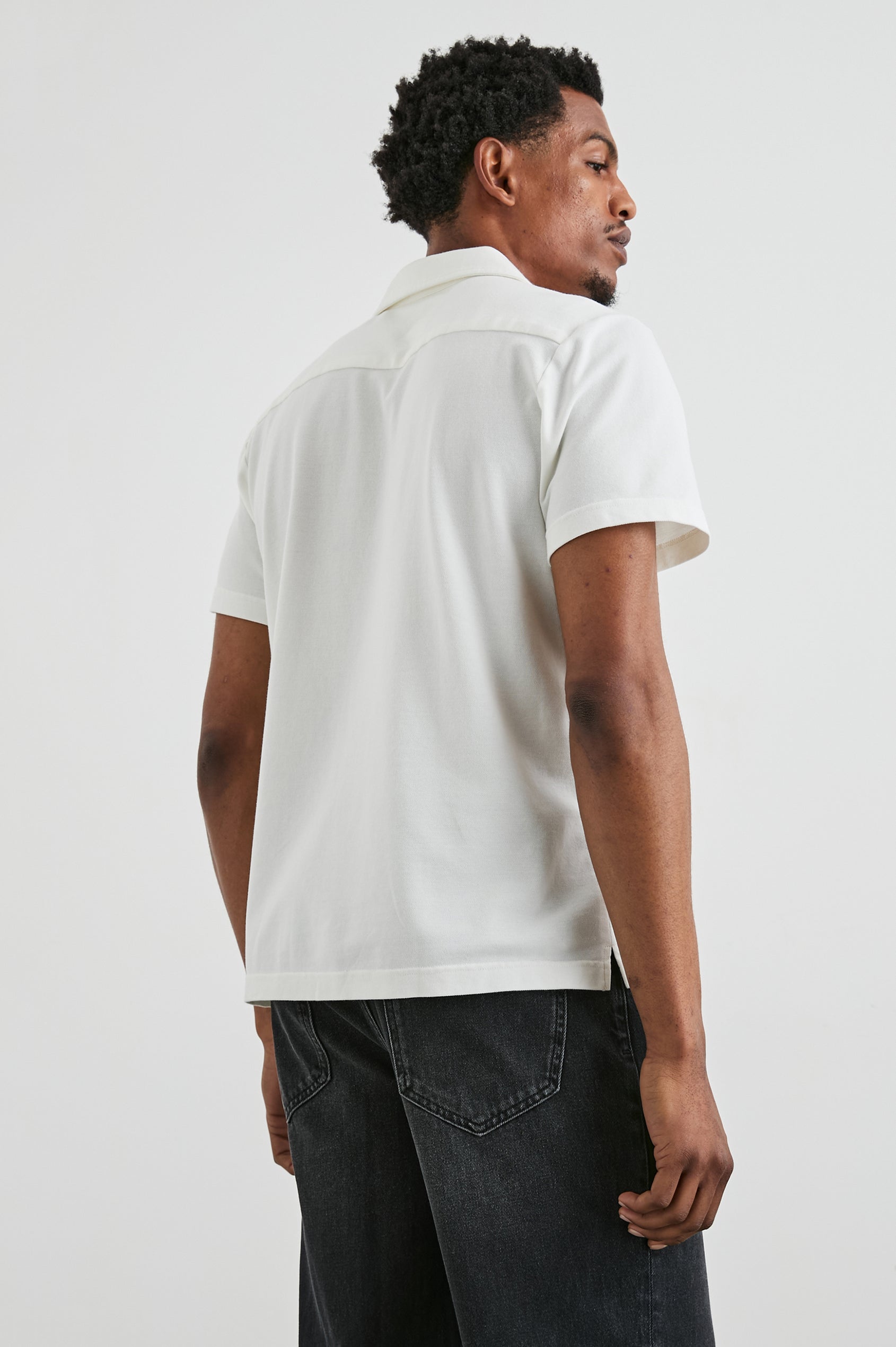 Alain Short Sleeve Button Up in Dove Colorway, Back View Featured on Model
