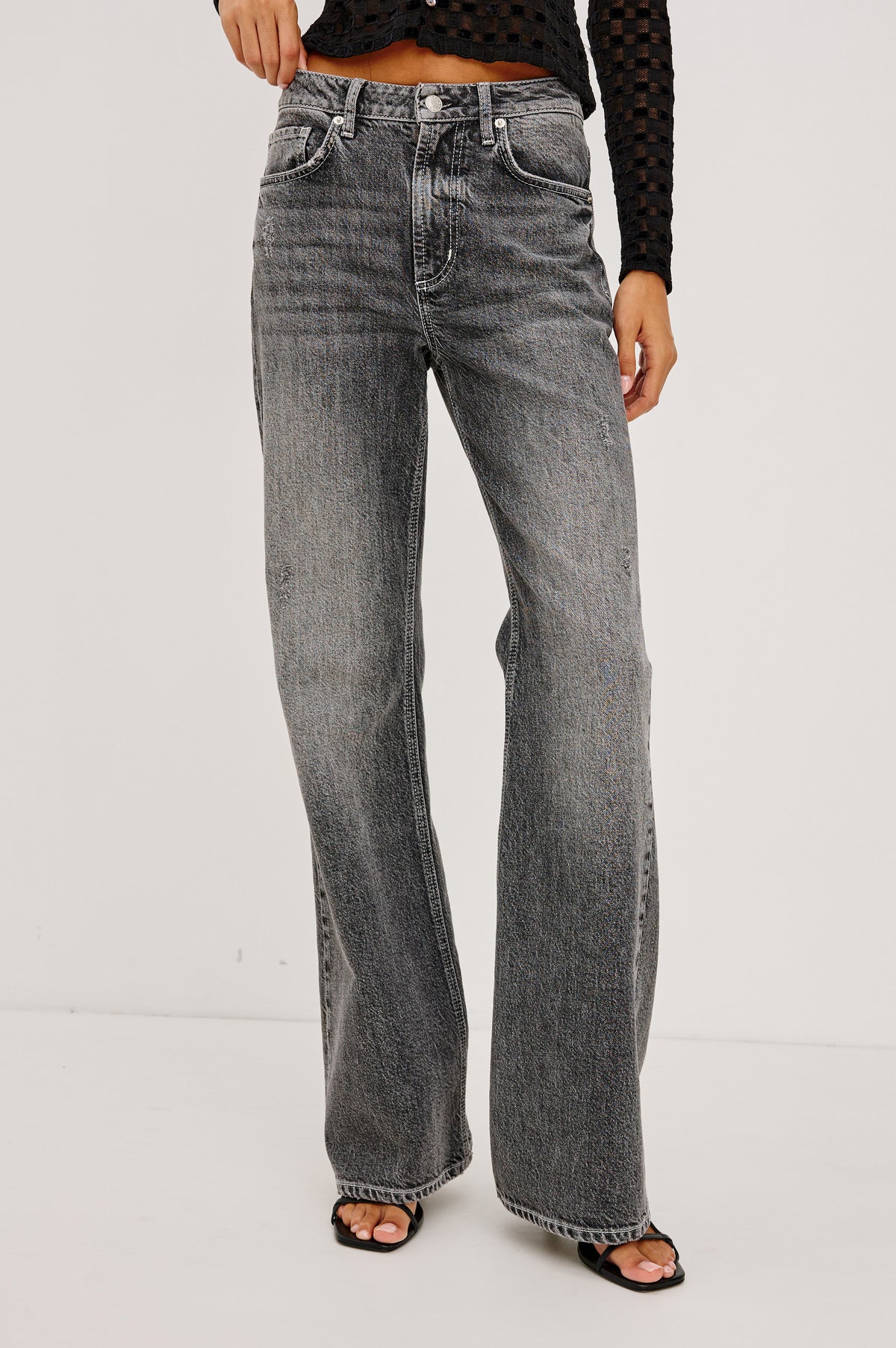 Alamitos Flared Trouser in Comfort Stretch Denim With High-Rise Relaxed Fit, Wide Legs, and 5-Pockets in Night Rider Colorway - Full Body Front View Featured on Model
