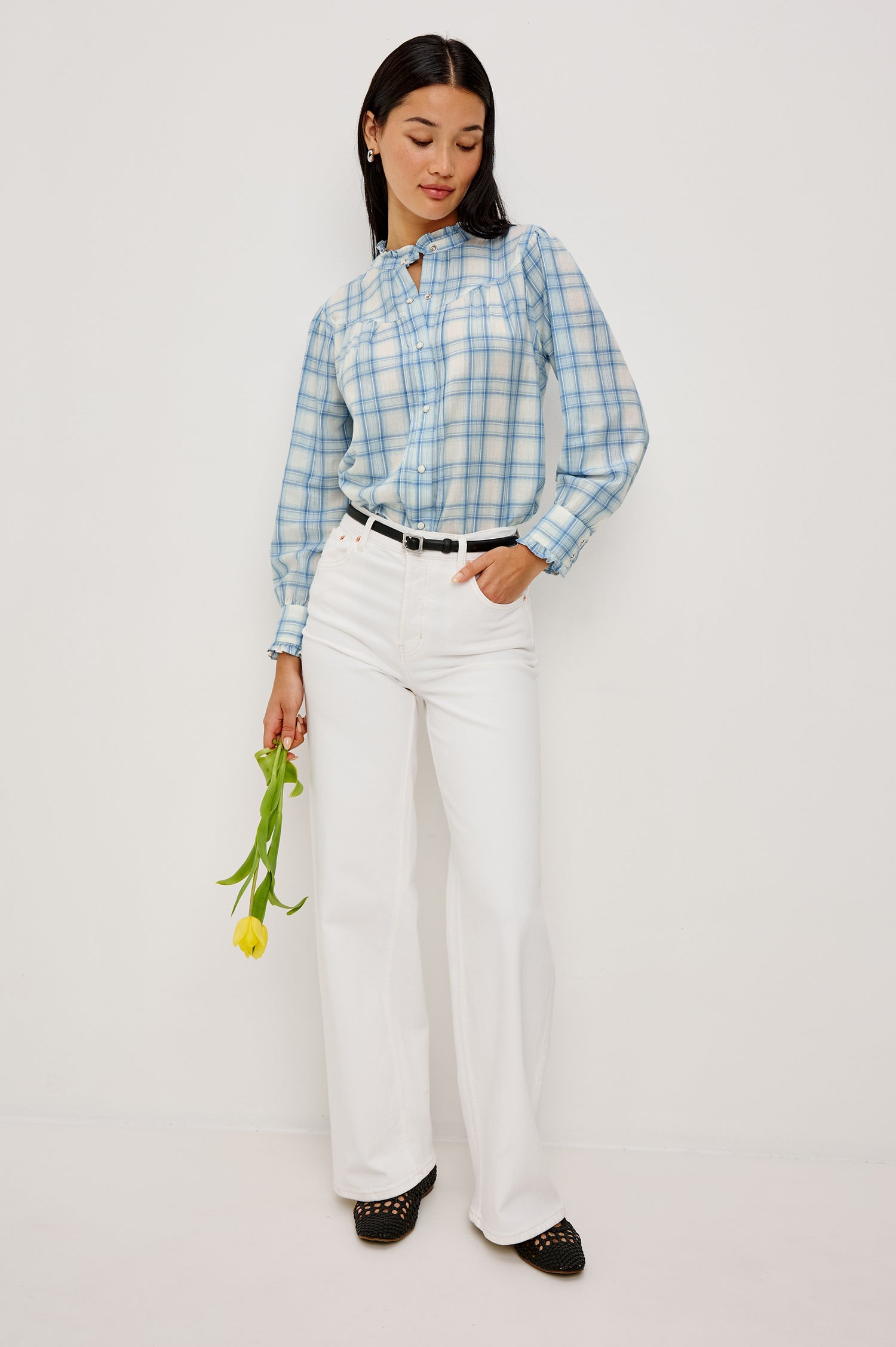 Alanna Long Sleeve Shirt with Snaps Down the Front a Ruffled Collar Banded Ruffed Cuffs and Pleats at the Yoke Seam in Bluebell Ivory Colorway - Full Body Front View fFeatured on Model