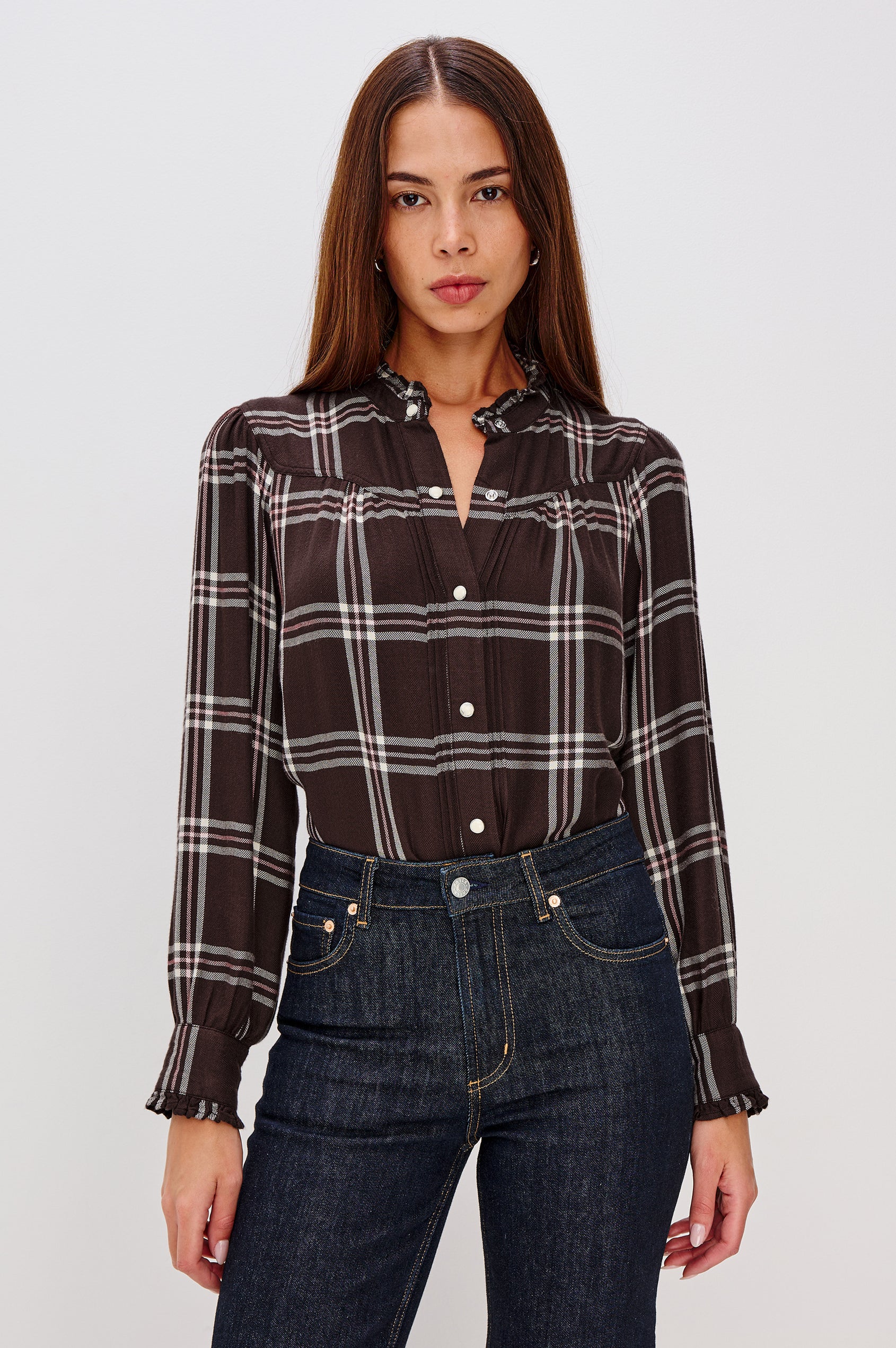 Alanna Long Sleeve Shirt with Snaps Down the Front, a Ruffled Collar, Banded Ruffed Cuffs, and Pleats at the Yoke Seam in Chocolate Napoleon Colorway - Front Tucked View Featured on Model