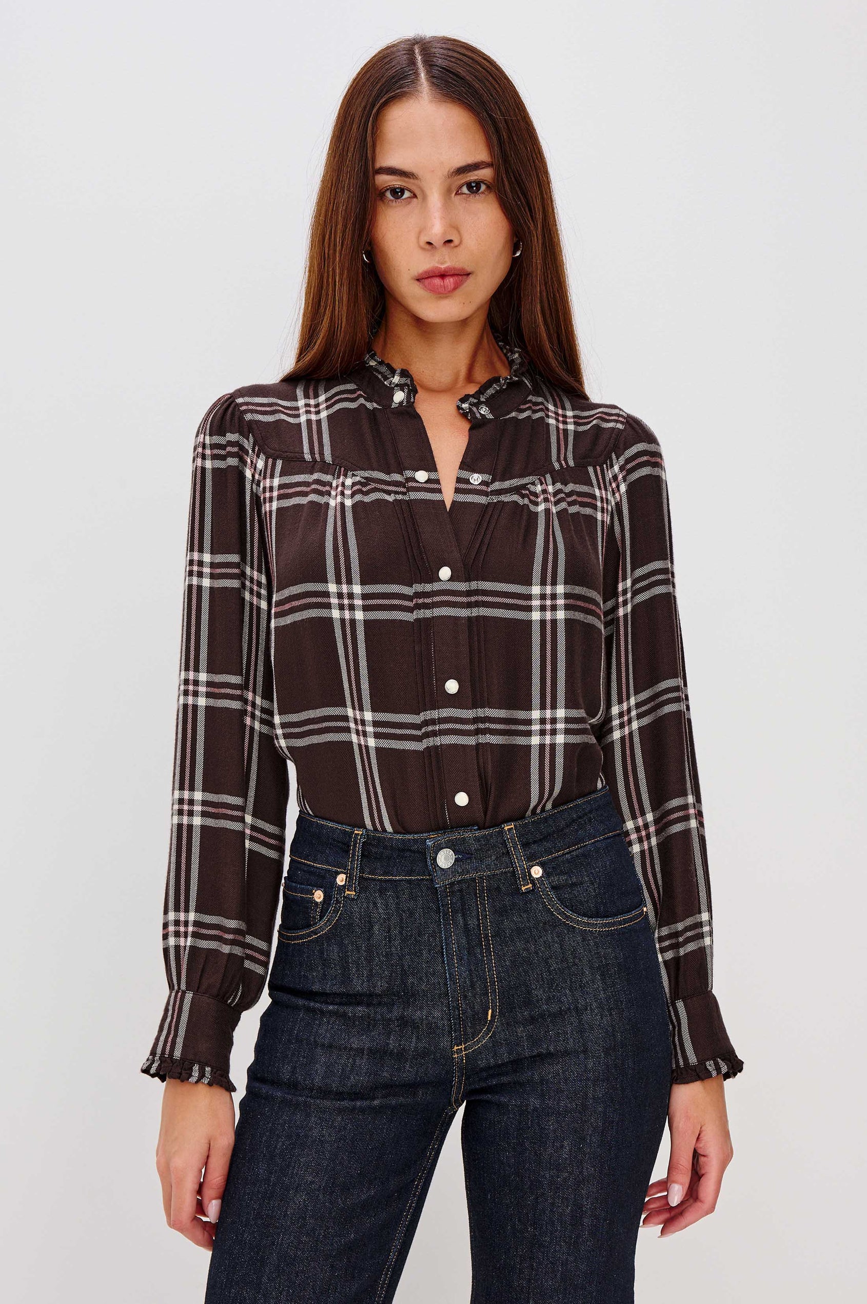 Alanna Long Sleeve Shirt with Snaps Down the Front, a Ruffled Collar, Banded Ruffed Cuffs, and Pleats at the Yoke Seam in Chocolate Napoleon Colorway - Front Tucked View Featured on Model