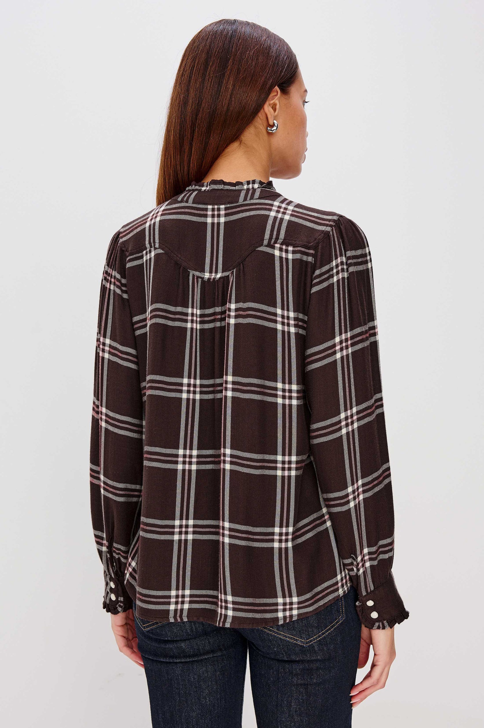 Alanna Long Sleeve Shirt with Snaps Down the Front, a Ruffled Collar, Banded Ruffed Cuffs, and Pleats at the Yoke Seam in Chocolate Napoleon Colorway - Back View Featured on Model