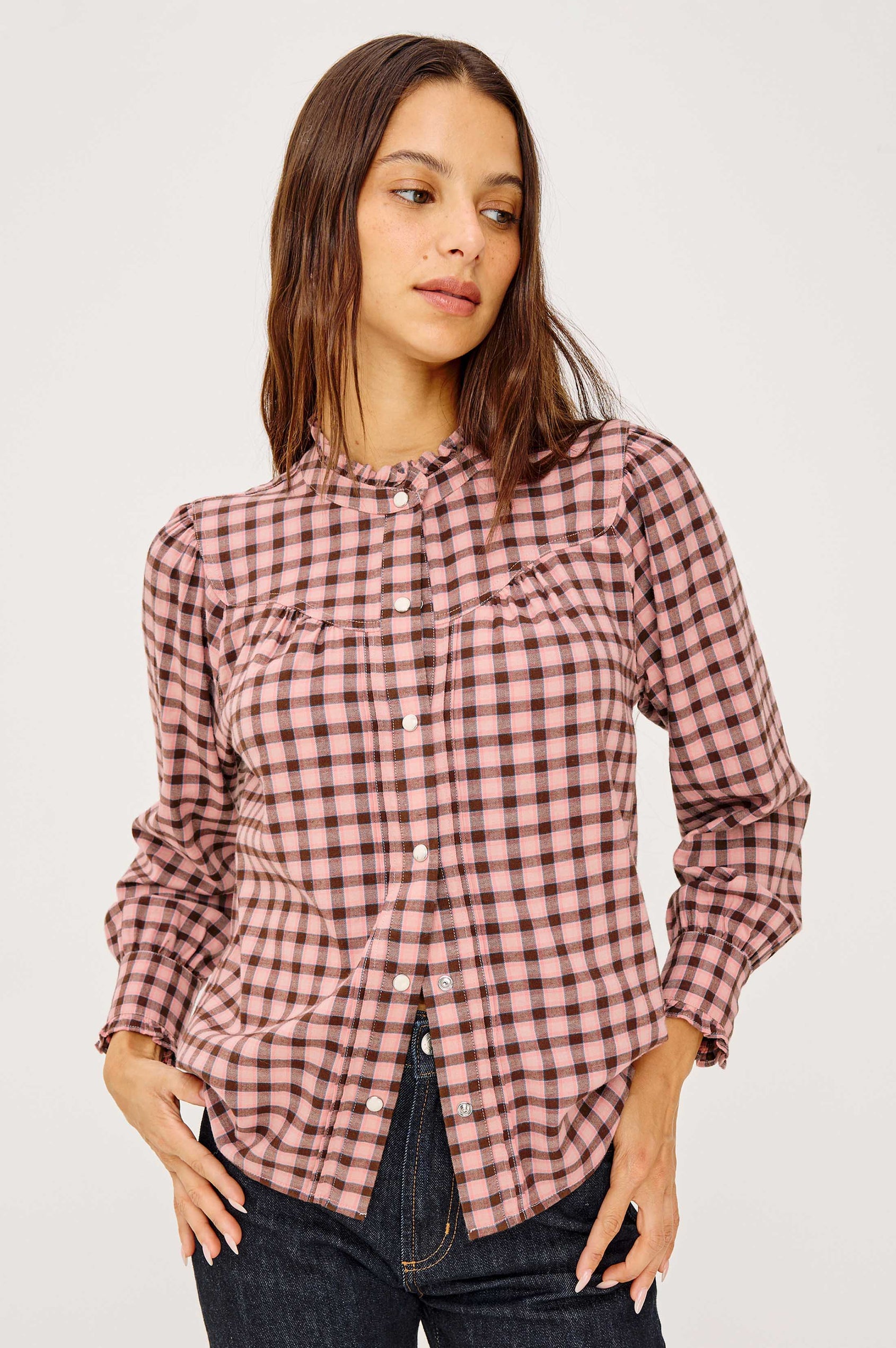 Alanna Shirt in Brushed Cotton With Ruffle High Neckline, Front Snap Buttons, Curved Yoke Seam, and Long Sleeves - Garnet Rose Cobalt - Upper Body Front View Featured on Model