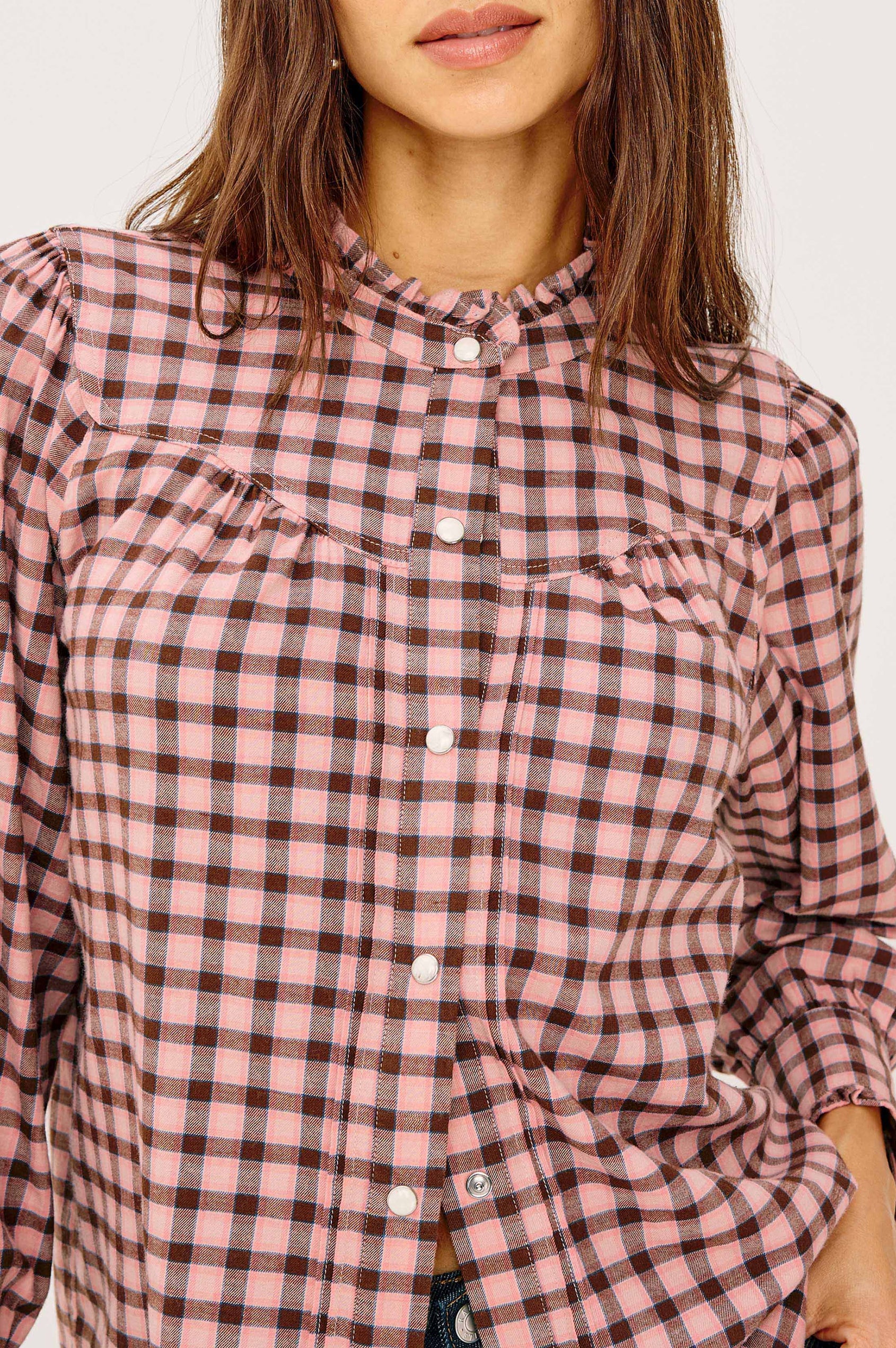 Alanna Shirt in Brushed Cotton With Ruffle High Neckline, Front Snap Buttons, Curved Yoke Seam, and Long Sleeves - Garnet Rose Cobalt - Upper Body Close Up View Featured on Model