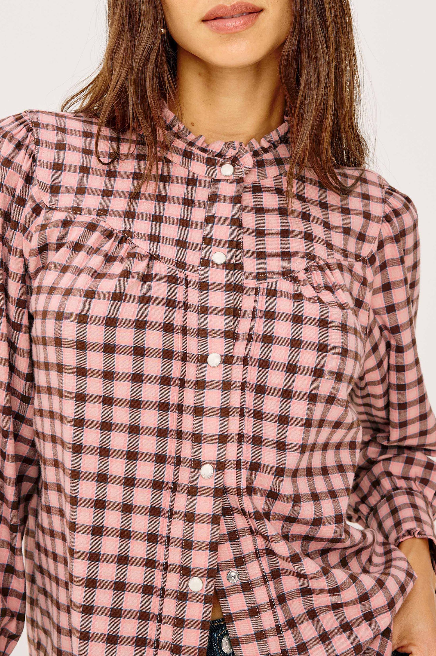 Alanna Shirt in Brushed Cotton With Ruffle High Neckline, Front Snap Buttons, Curved Yoke Seam, and Long Sleeves - Garnet Rose Cobalt - Upper Body Close Up View Featured on Model