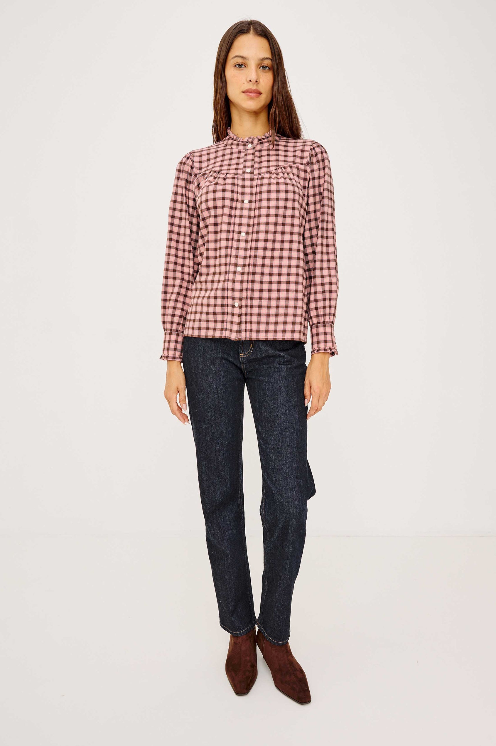 Alanna Shirt in Brushed Cotton With Ruffle High Neckline, Front Snap Buttons, Curved Yoke Seam, and Long Sleeves - Garnet Rose Cobalt - Full Body Front View Featured on Model