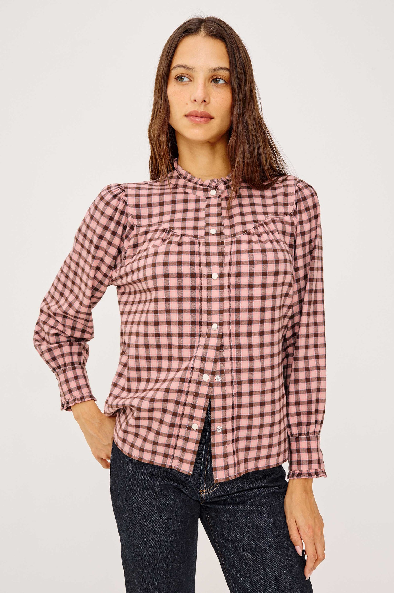 Alanna Shirt in Brushed Cotton With Ruffle High Neckline, Front Snap Buttons, Curved Yoke Seam, and Long Sleeves - Garnet Rose Cobalt - Upper Body Front View Featured on Model