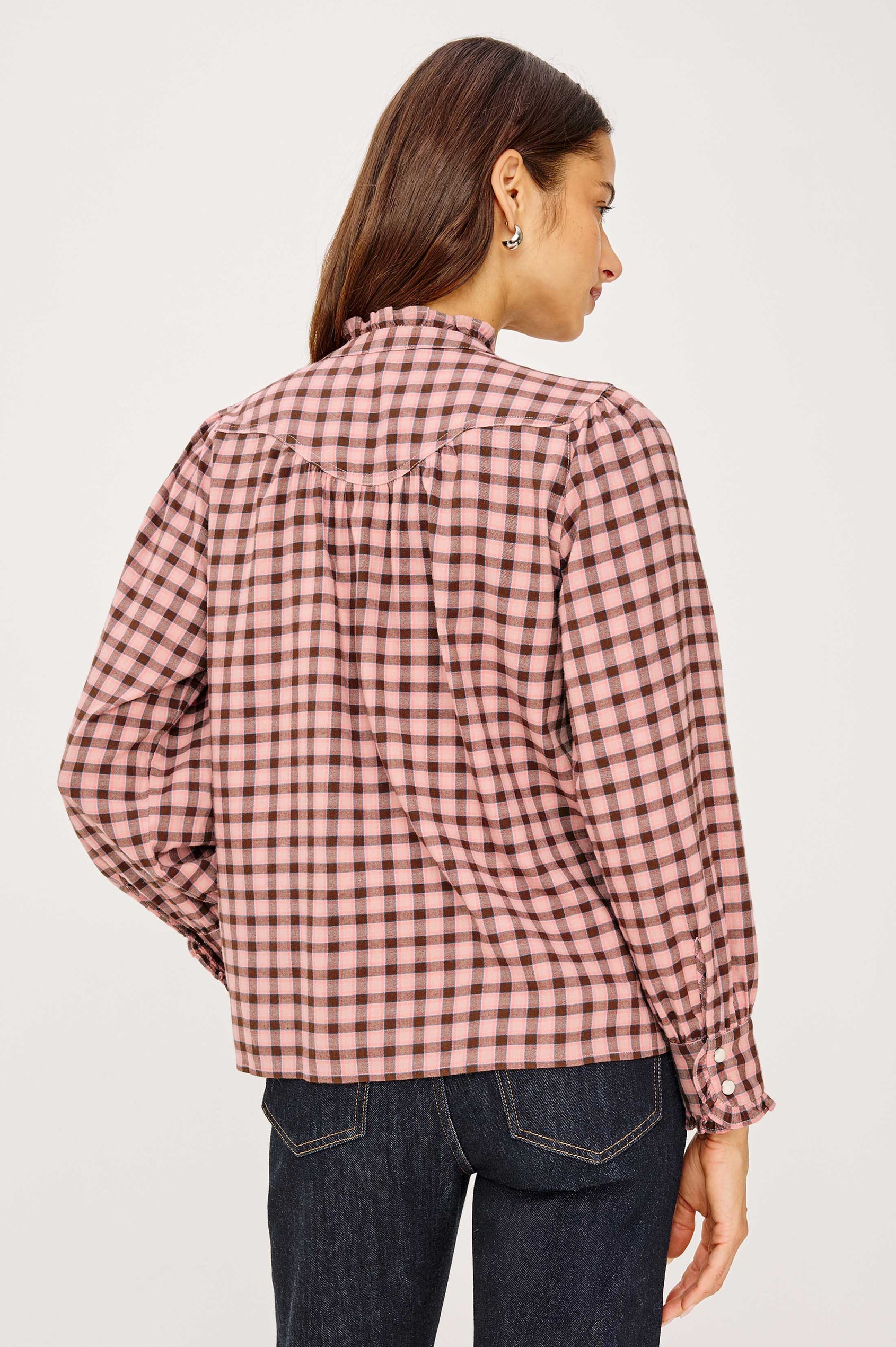 Alanna Shirt in Brushed Cotton With Ruffle High Neckline, Front Snap Buttons, Curved Yoke Seam, and Long Sleeves - Garnet Rose Cobalt - Upper Body Back View Featured on Model