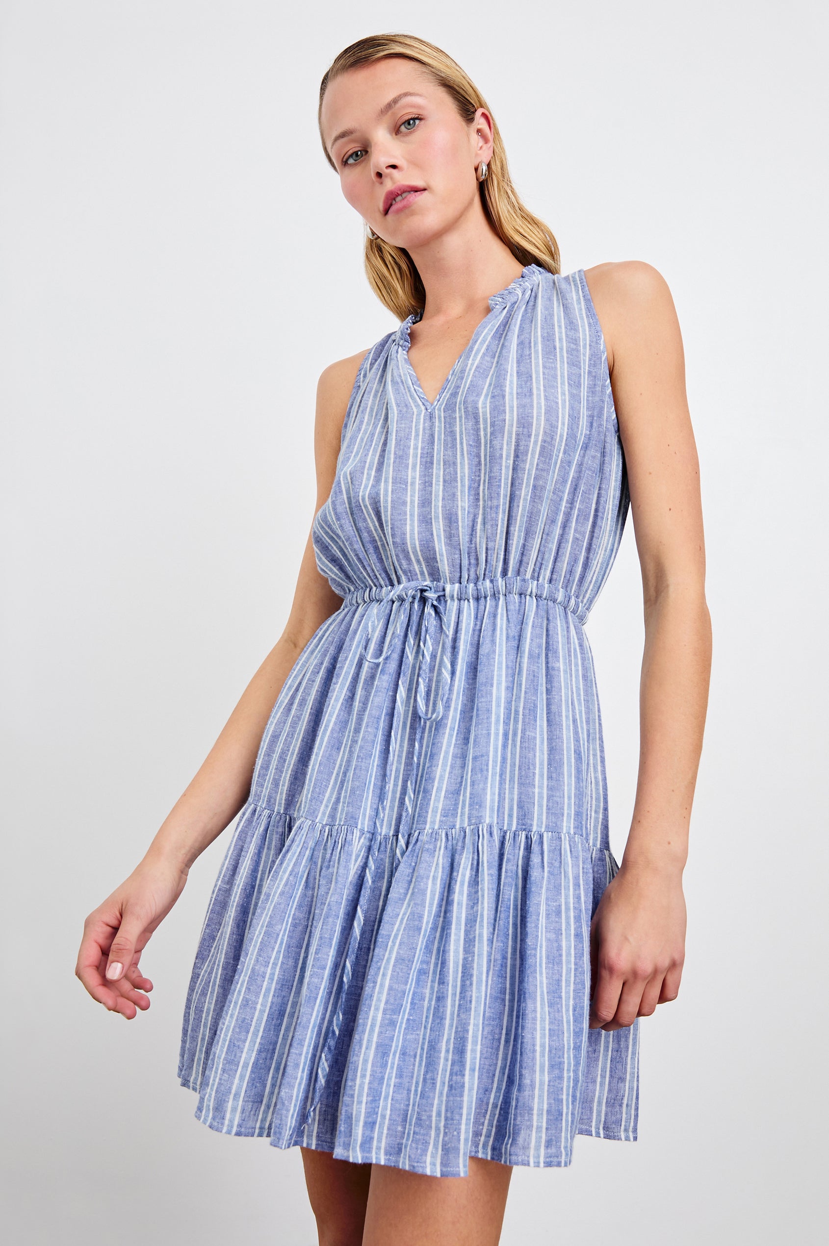 blue and white vertical striped dress Striped Blue Halter Mini Dress | Trendy Women's Clothing