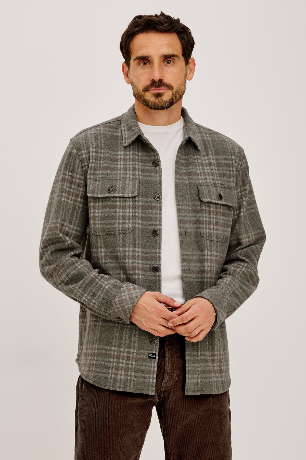 Alder Overshirt in Midweight Brushed Flannel With Collar, Button Front, Long Sleeves, Back Yoke, and Dual Chest Flap Pockets in Burl Moss Heather Colorway - Full Body Front View Featured on Model.
