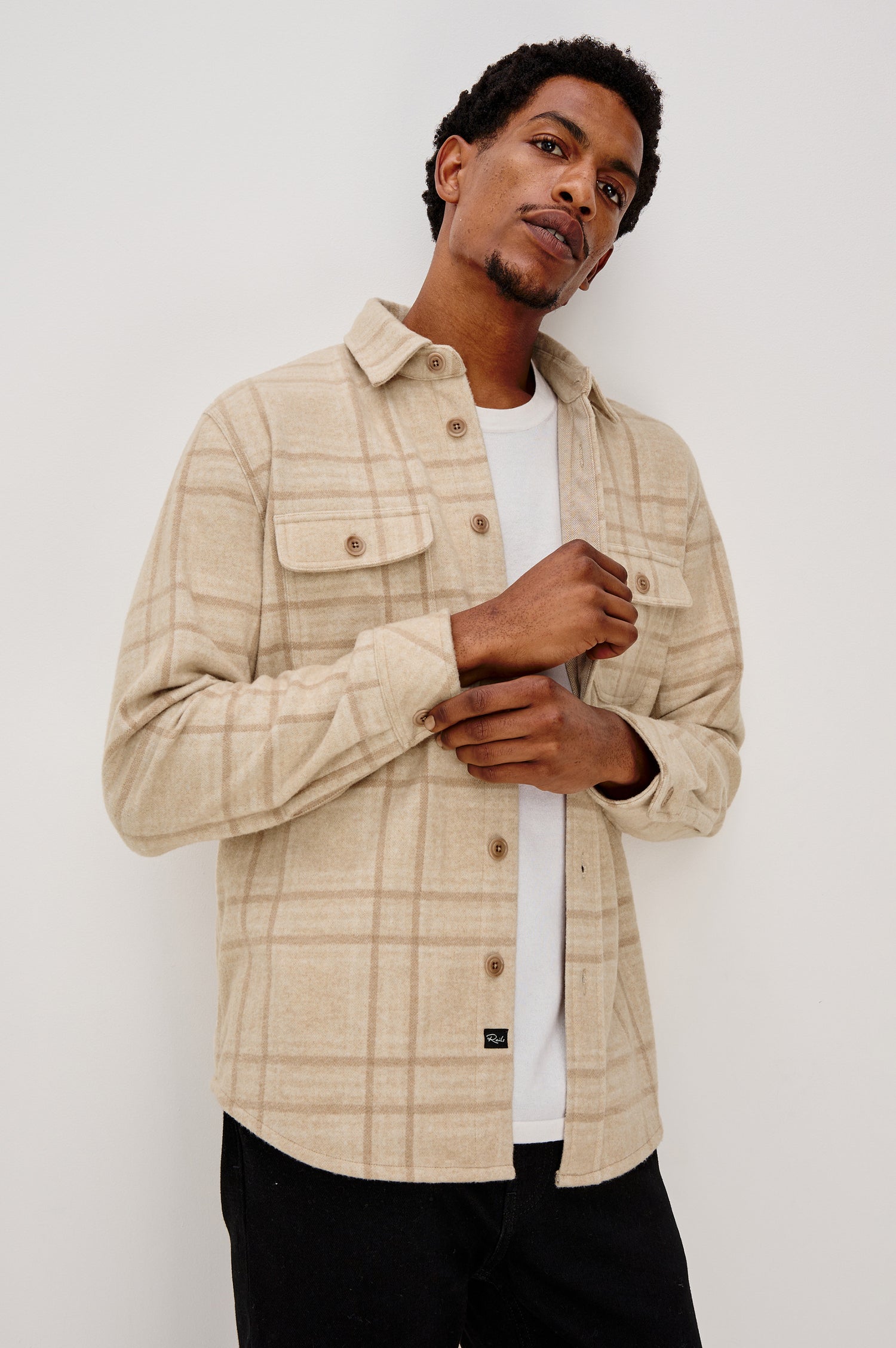 Alder Button Front Shirt in Brushed Stretch Cotton Blend With Collar, Buttoned Flap Chest Pockets, and Long Sleeves in Harvest Wheat Colorway - Full Body Front View Featured on Model