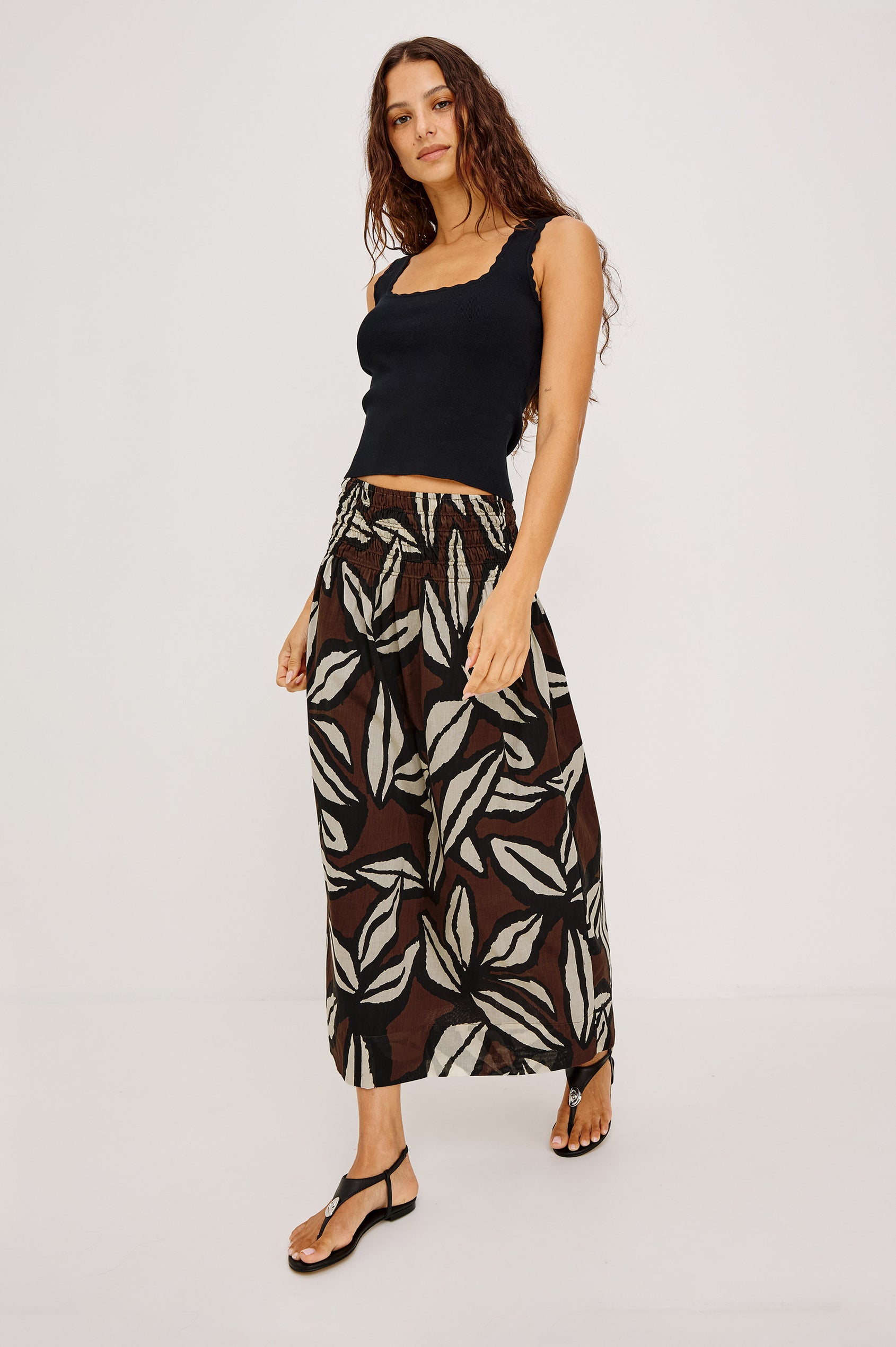 Alessa Midi Skirt in Heavy Linen with Wide Elastic Gathered Waistband in Cocoa Floral Colorway - Full Body Front View Featured on Model