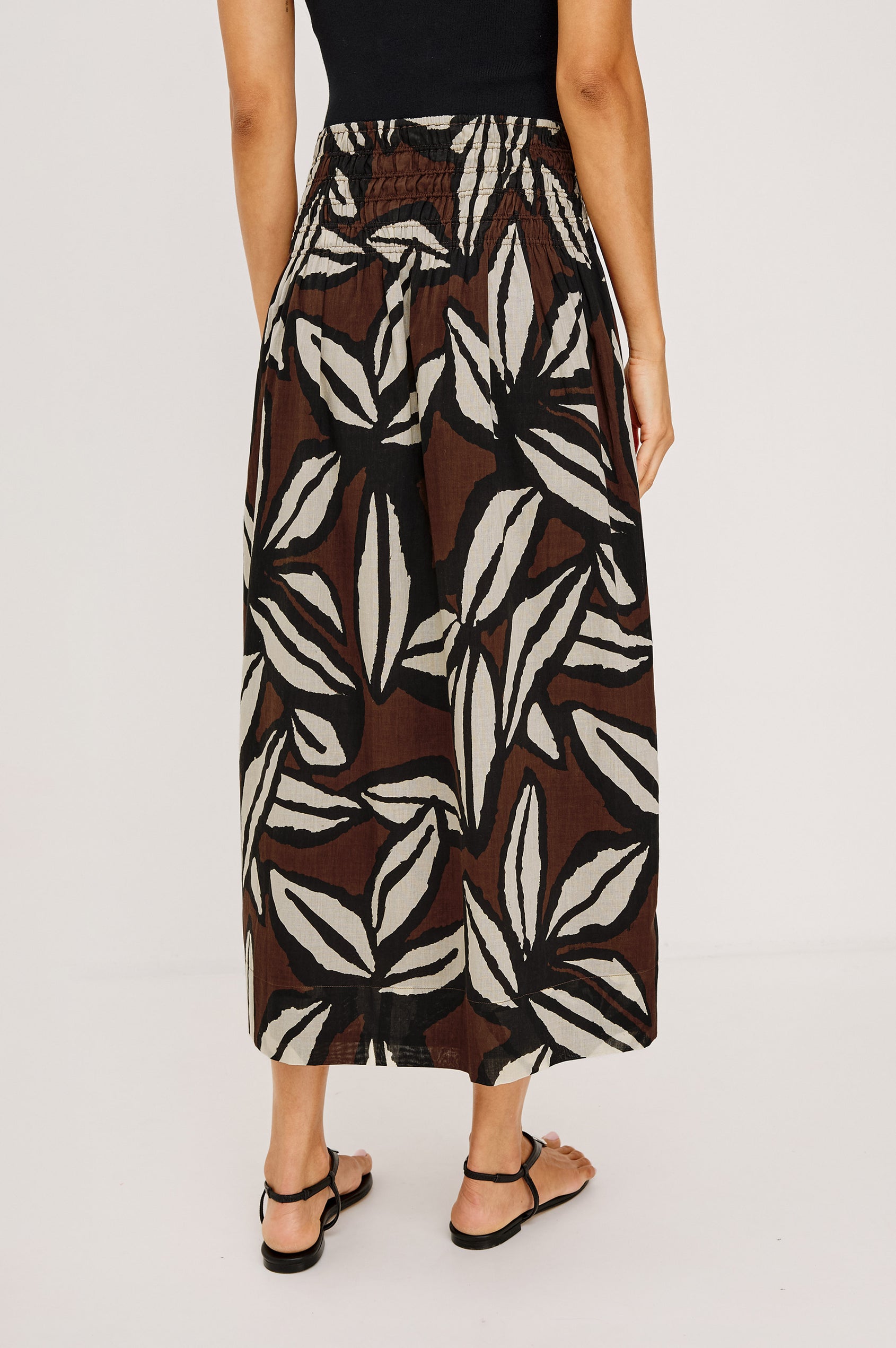 Alessa Midi Skirt in Heavy Linen with Wide Elastic Gathered Waistband in Cocoa Floral Colorway - Lower Body Back View Featured on Model