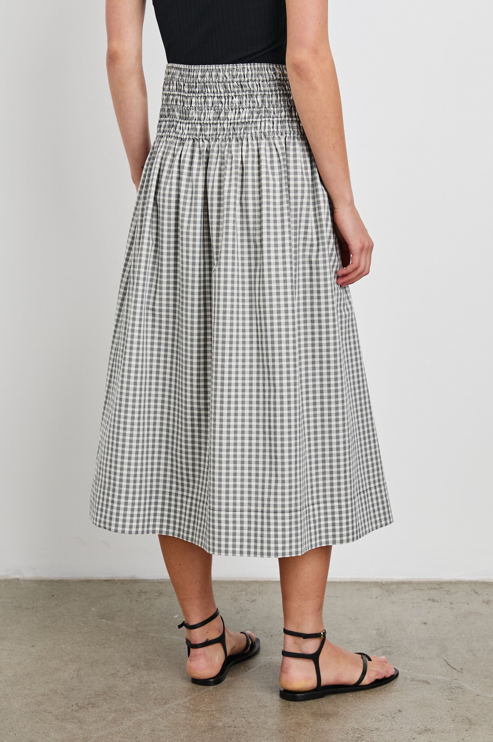 Alessa Midi skirt with Cinched Waist in Ivory Jet Gingham Colorway - Back View Featured on Model