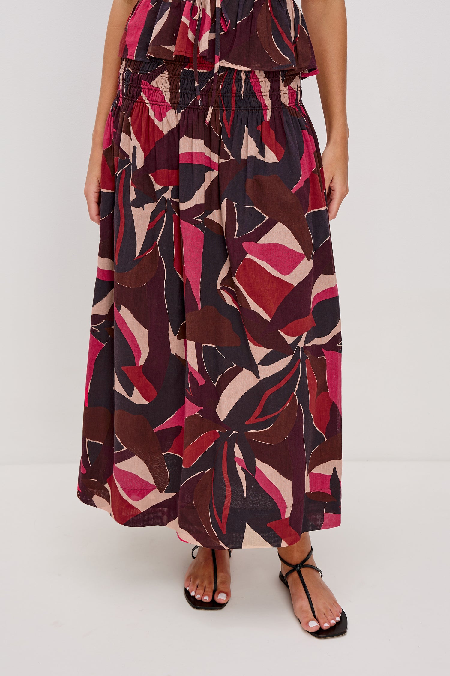 Alessa Midi Skirt with a Wide Elastic Gathered Waistband in Paradise Colorway. Front View Shown on Model.