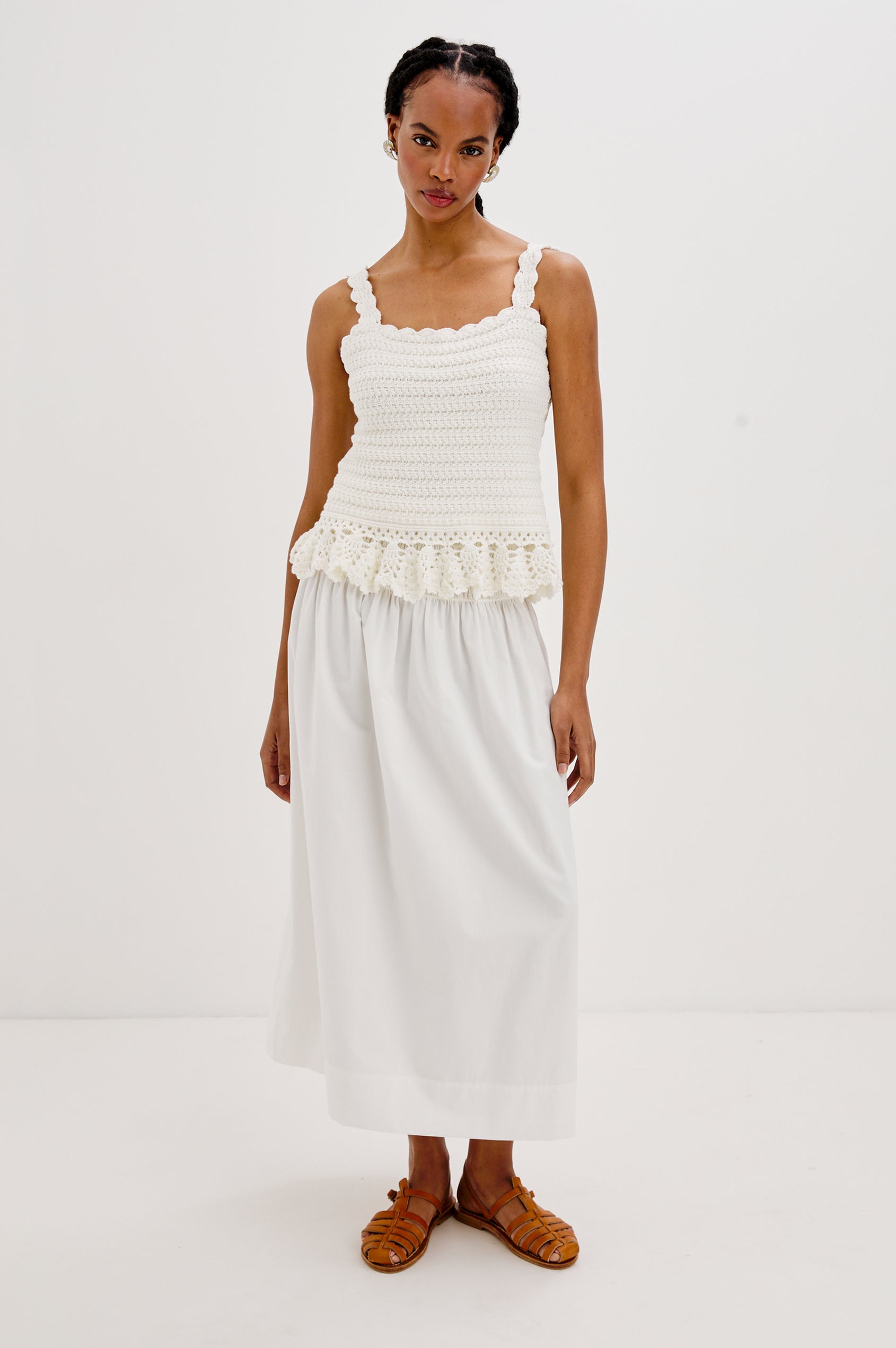 Alessa Midi Skirt with a Wide Elastic Gathered Waistband in White Colorway. Front View Shown on Model.