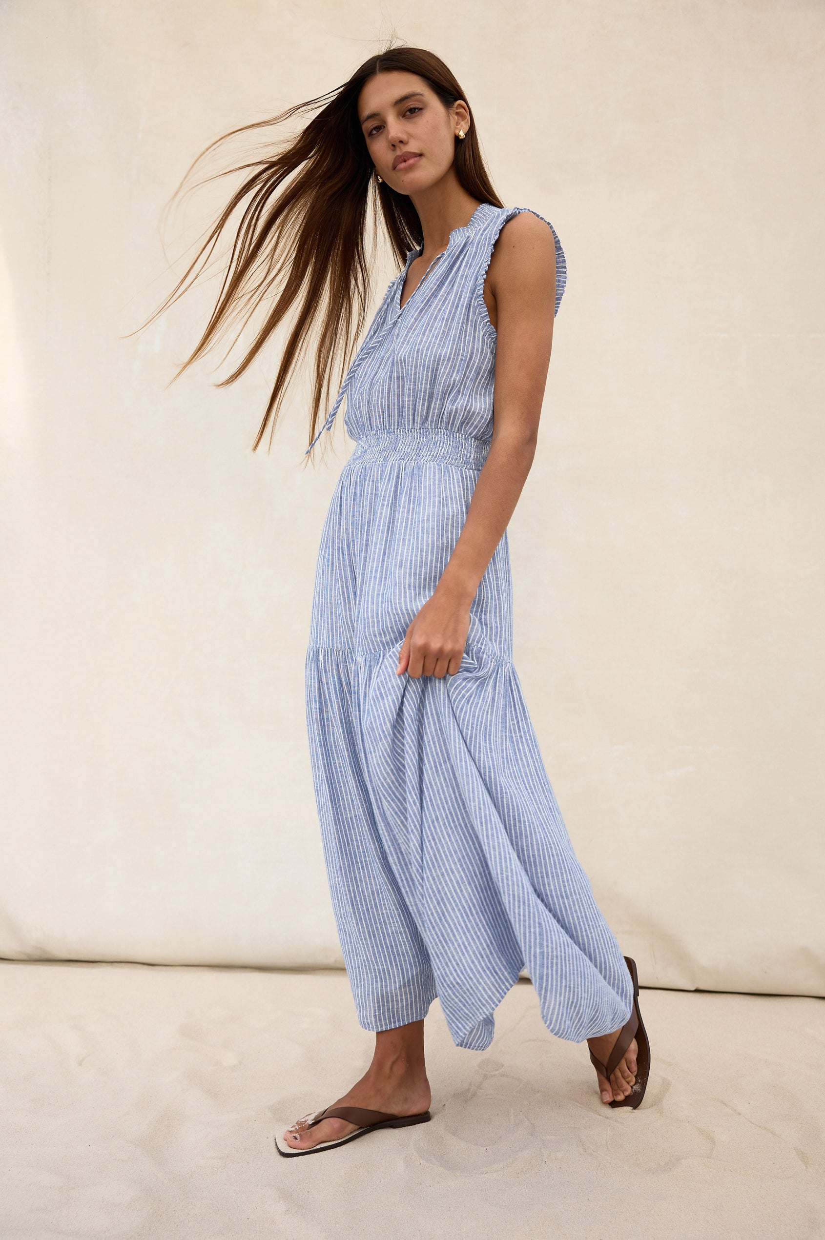 Alessa Midi Skirt in Heavy Linen With Wide Smocked Waistband and A-Line Silhouette in Barletta Stripe Colorway - Full Body View Featured on Model