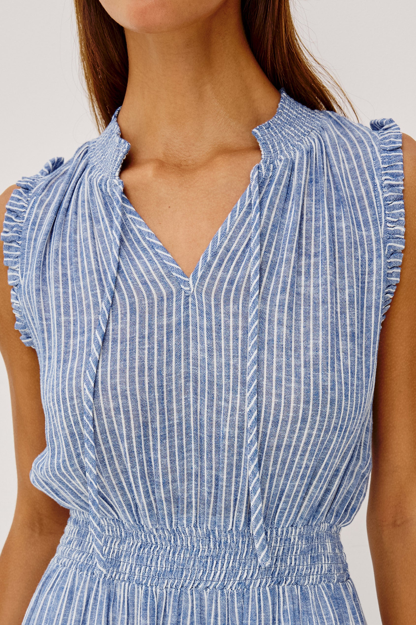 Alessa Midi Skirt in Heavy Linen With Wide Smocked Waistband and A-Line Silhouette in Barletta Stripe Colorway - Upper Body Front View Featured on Model