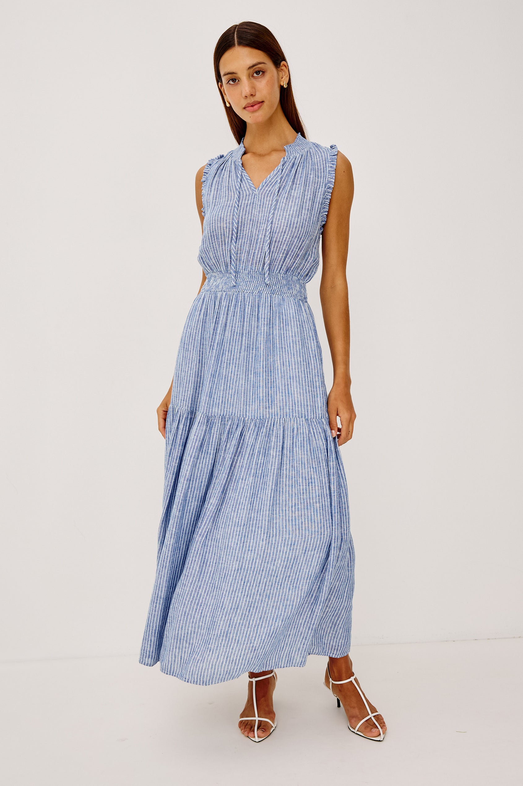 Alessa Midi Skirt in Heavy Linen With Wide Smocked Waistband and A-Line Silhouette in Barletta Stripe Colorway - Full Body Front View Featured on Model