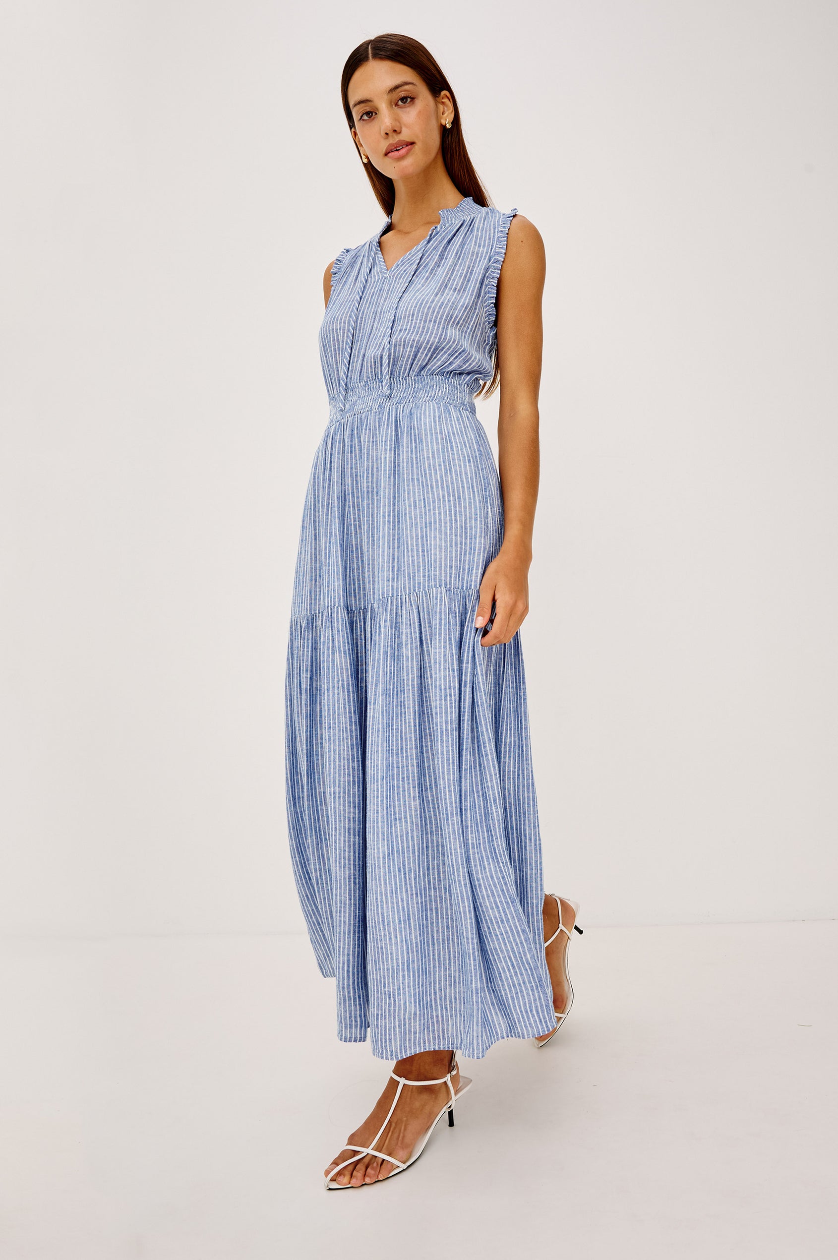 Alessa Midi Skirt in Heavy Linen With Wide Smocked Waistband and A-Line Silhouette in Barletta Stripe Colorway - Full Body Front View Featured on Model