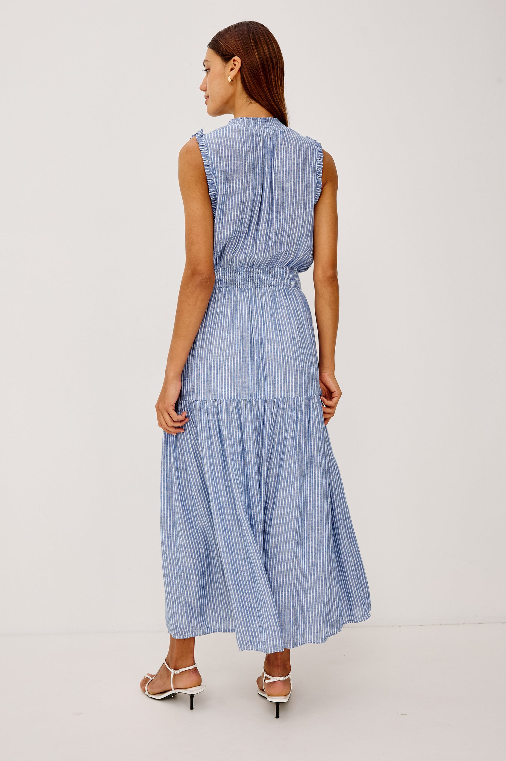 Alessa Midi Skirt in Heavy Linen With Wide Smocked Waistband and A-Line Silhouette in Barletta Stripe Colorway - Full Body Back View Featured on Model