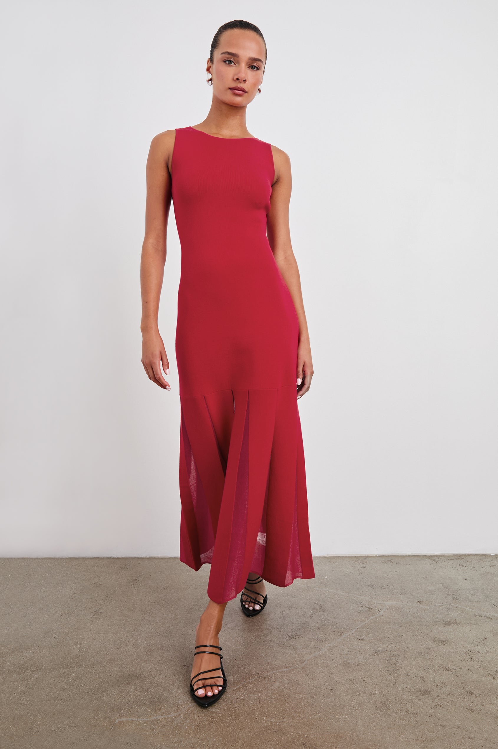 Alessia Sleeveless Maxi Dress with a Crew Neck and Sheer Vertical Inserts along the Hem from the Mid-Thigh in Scarlet Colorway - Front Full Body View Featured on Model 