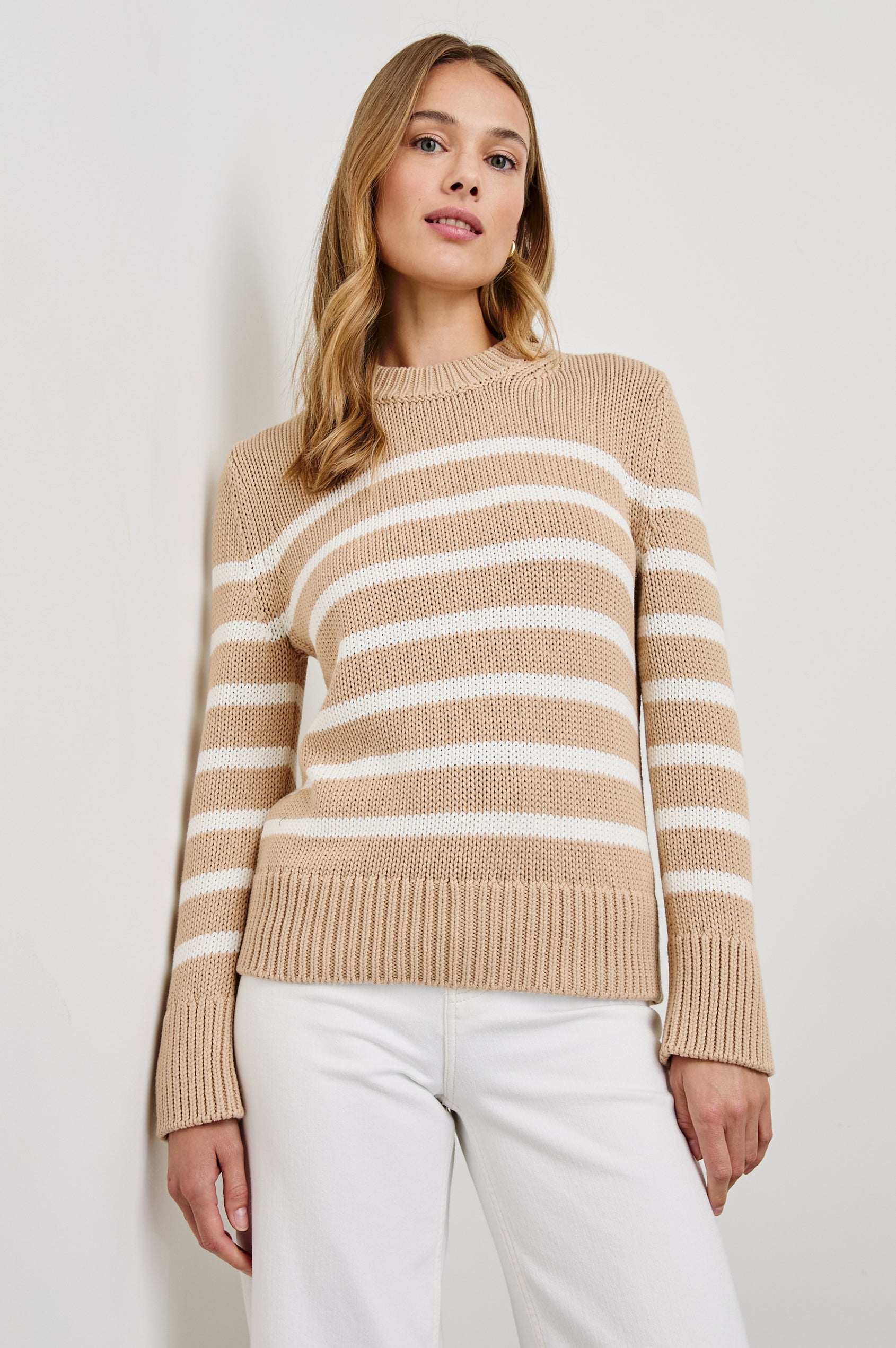 Alise Long-Sleeve Sweater with a Crew Neck and Ribbed Trim in Ivory Birch Stripe Colorway, horizontal stripes - Front View Featured on Model