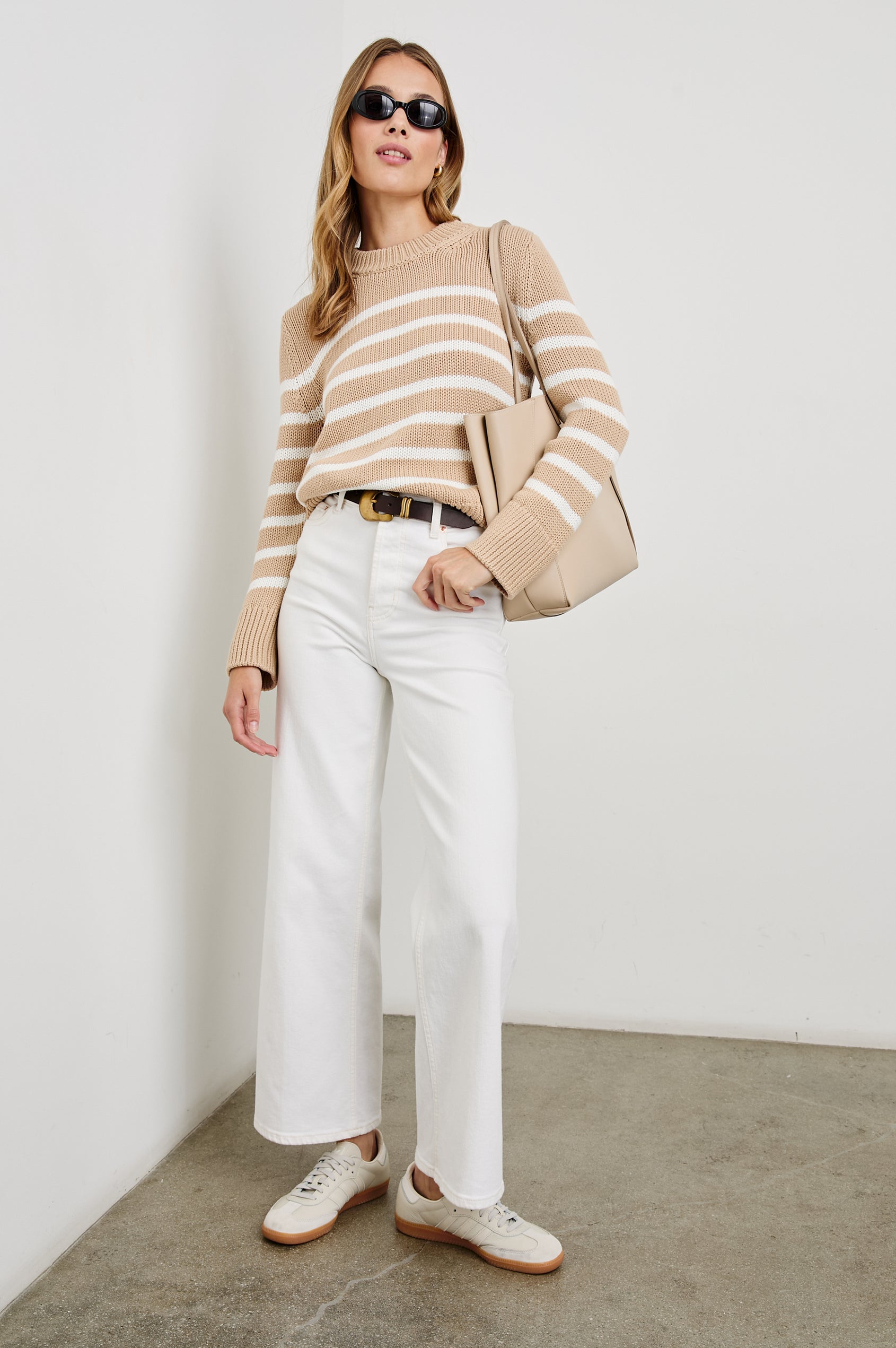 Alise Long-Sleeve Sweater with a Crew Neck and Ribbed Trim in Ivory Birch Stripe Colorway, horizontal stripes - Front Full Body View Featured on Model
