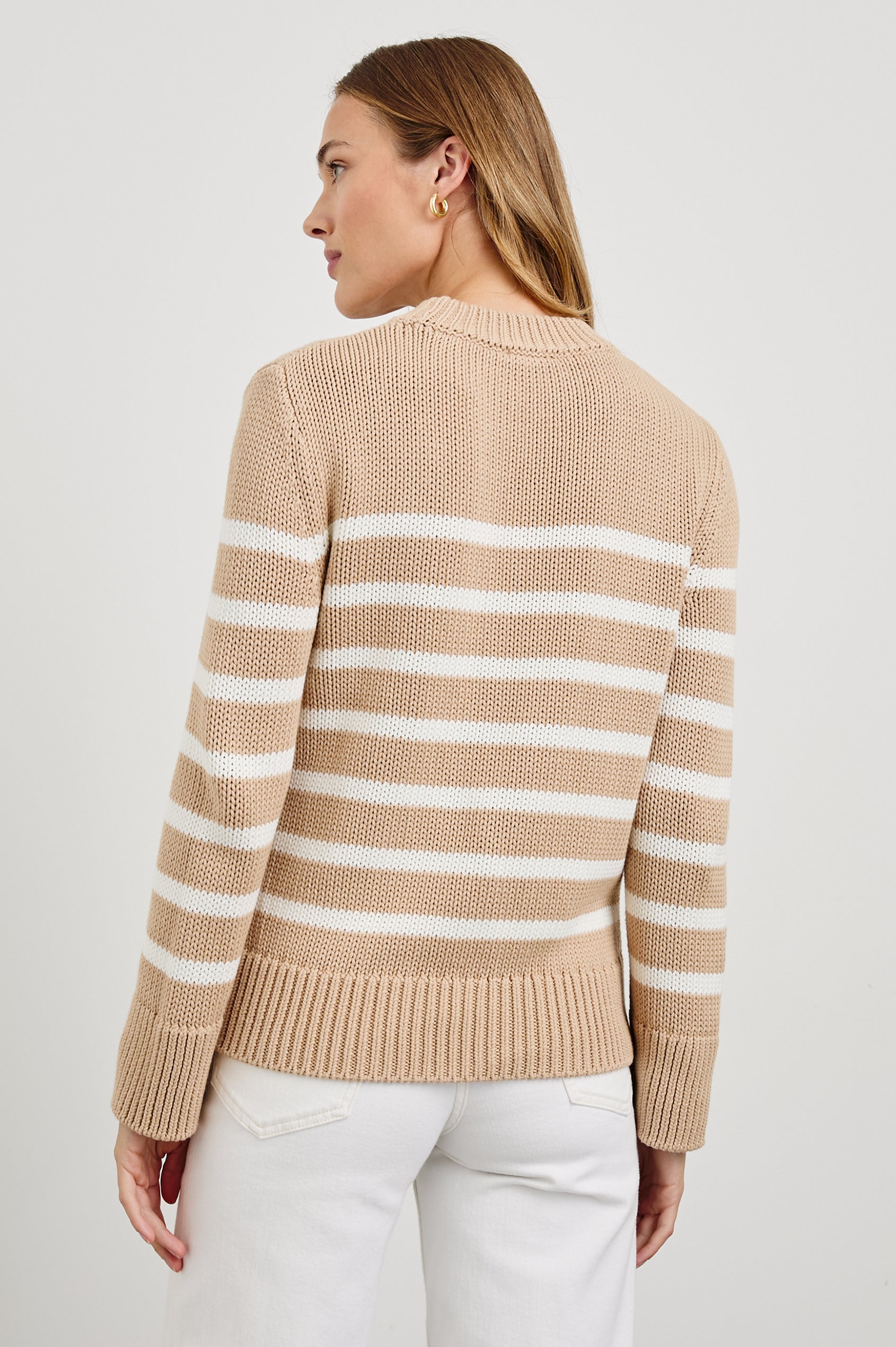 Alise Long-Sleeve Sweater with a Crew Neck and Ribbed Trim in Ivory Birch Stripe Colorway, horizontal stripes - Back View Featured on Model