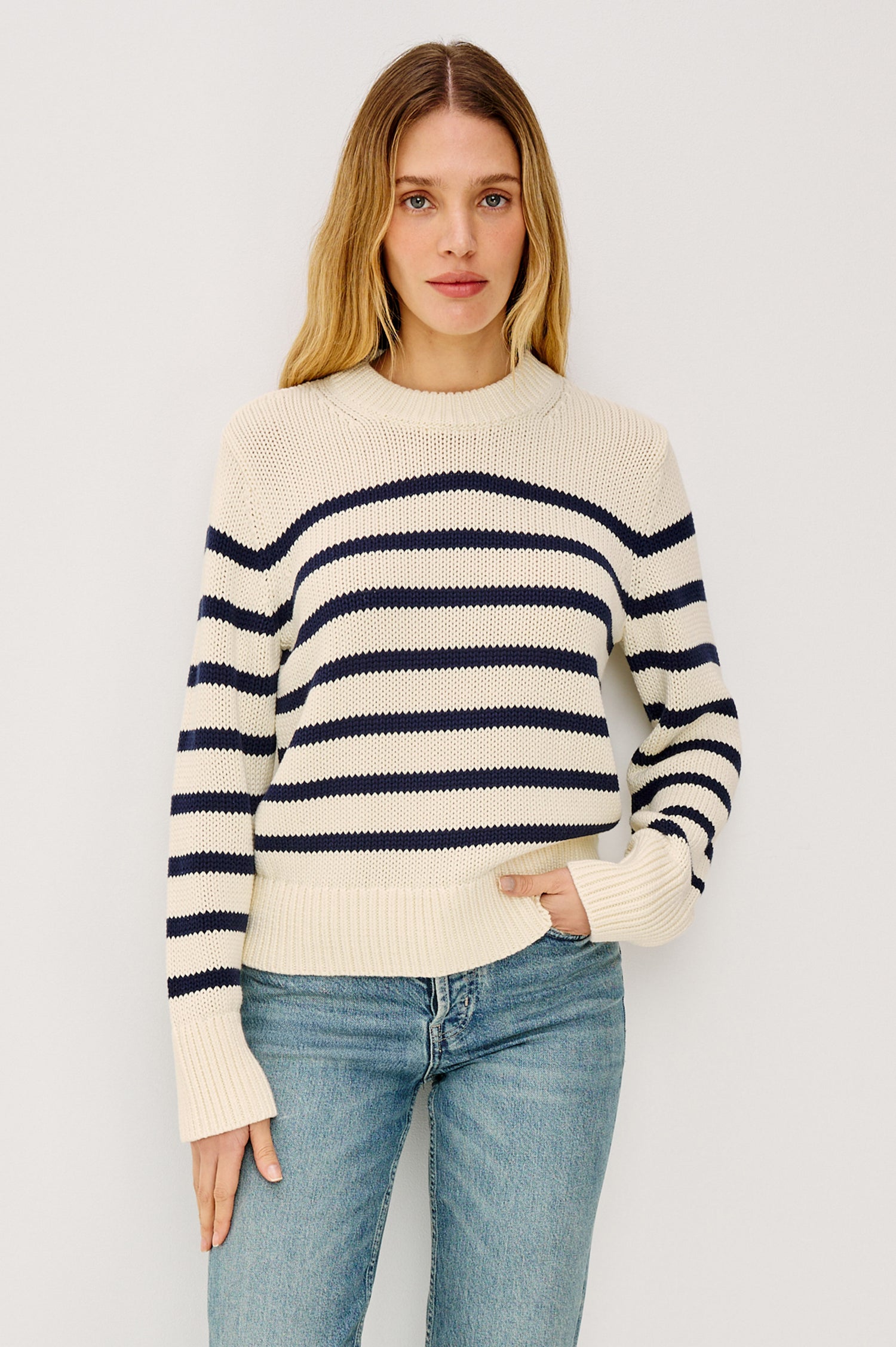 Adria Crewneck Top in French Terry With Sheer Crochet Insets at Front, Back, and Short Puff Sleeves in Sky Colorway - Upper Body Back View Featured on Model