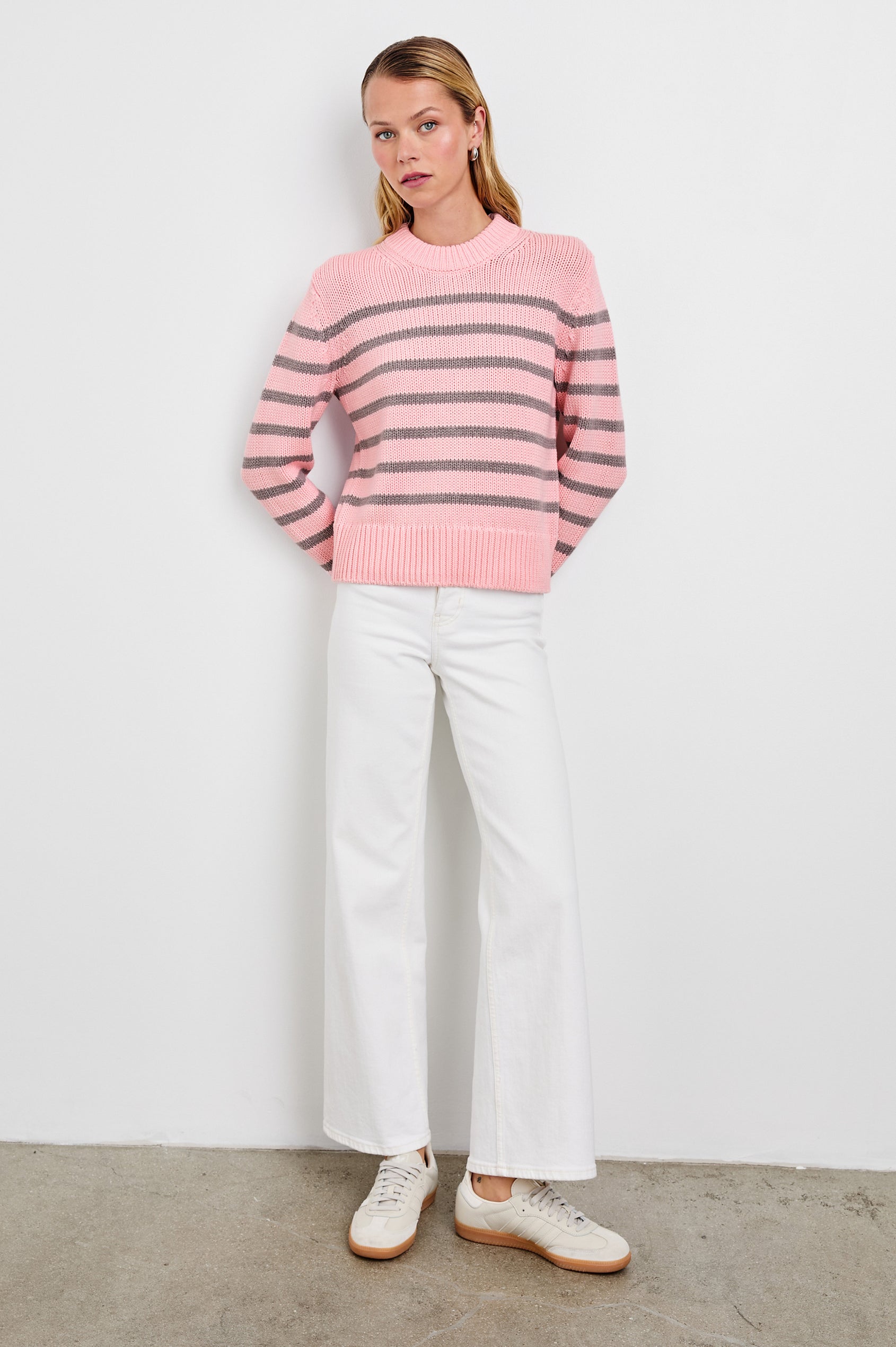 Alise Long-Sleeve Sweater with a Crew Neck and Ribbed Trim in Pink Heather Stripe Colorway, horizontal stripes - Front Full Body View Featured on Model